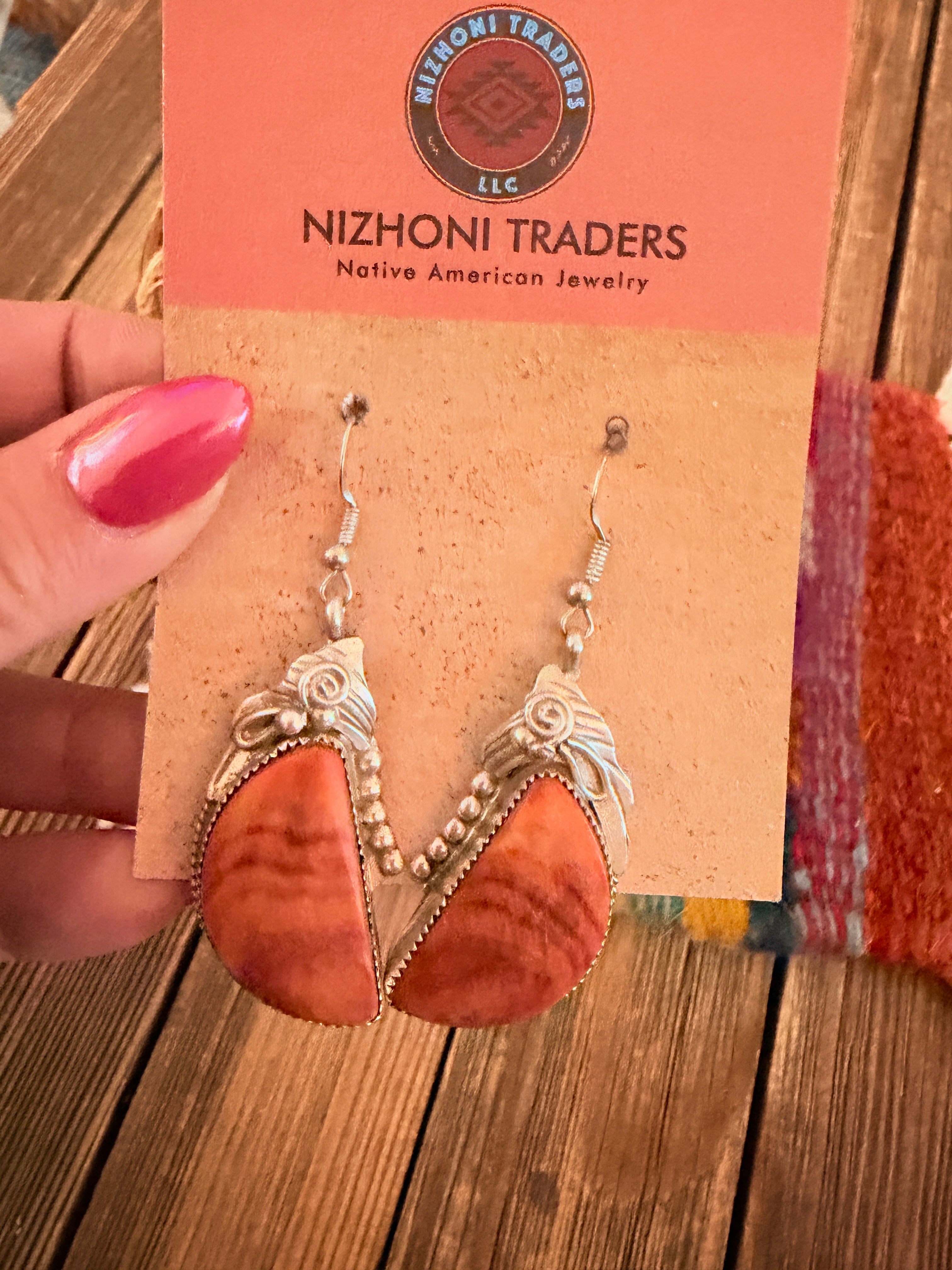 Handcrafted Old Pawn Orange Spiny Oyster & Sterling Silver Dangle Earrings