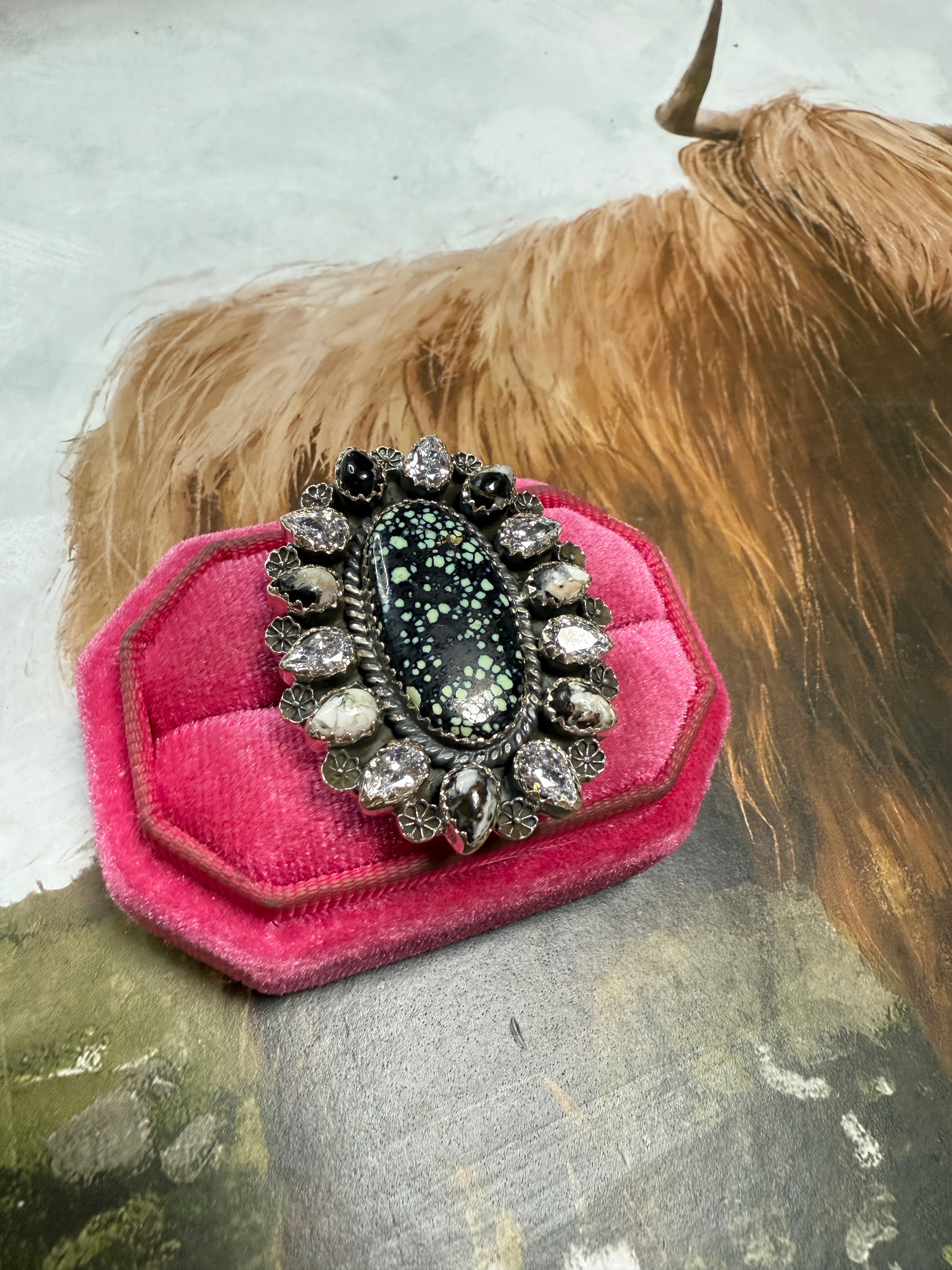 Beautiful Handmade New Lander Turquoise, CZ, White Buffalo And Sterling Silver Adjustable Ring