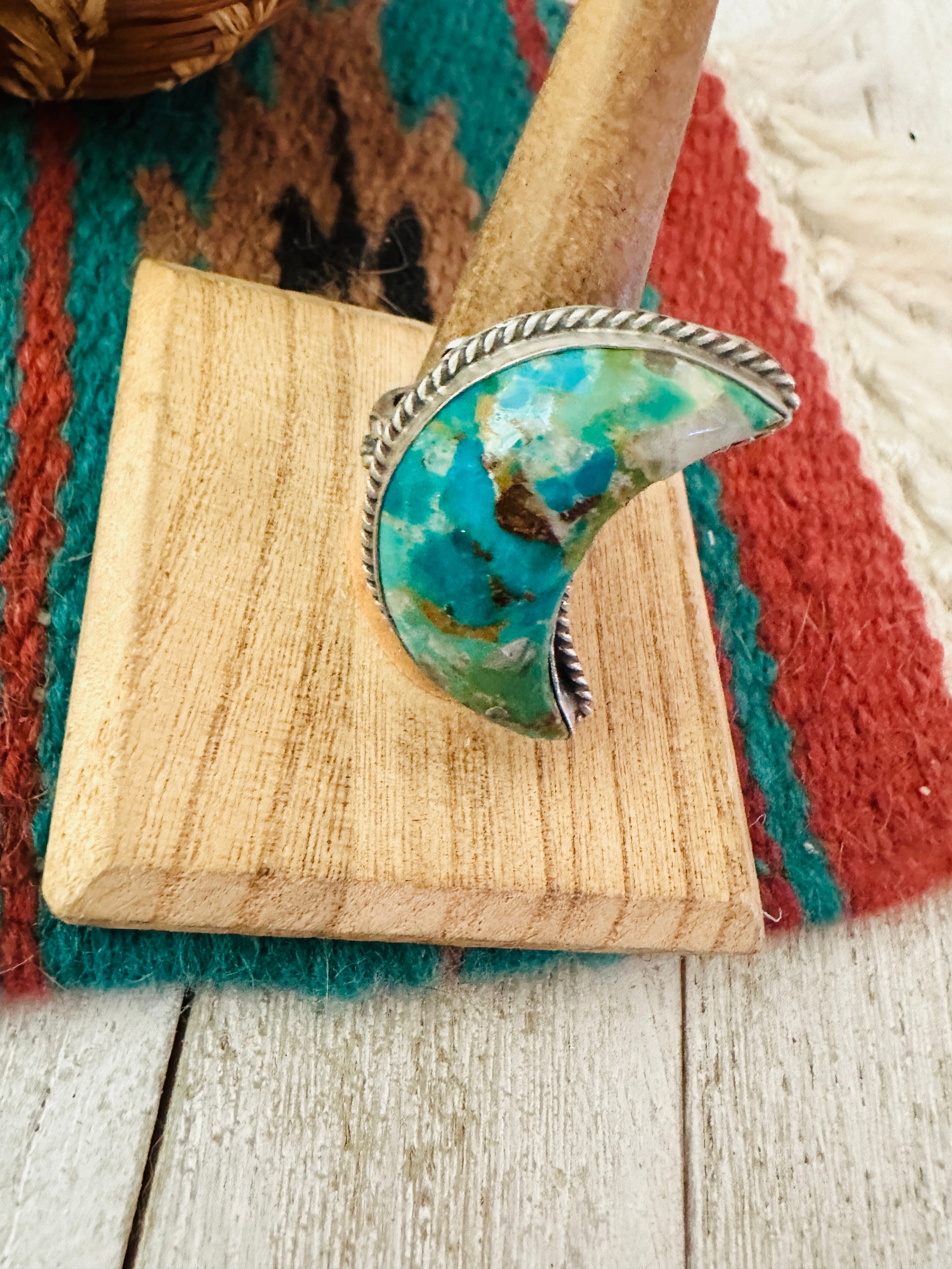 Handcrafted Turquoise & Sterling Silver Adjustable Moon Ring