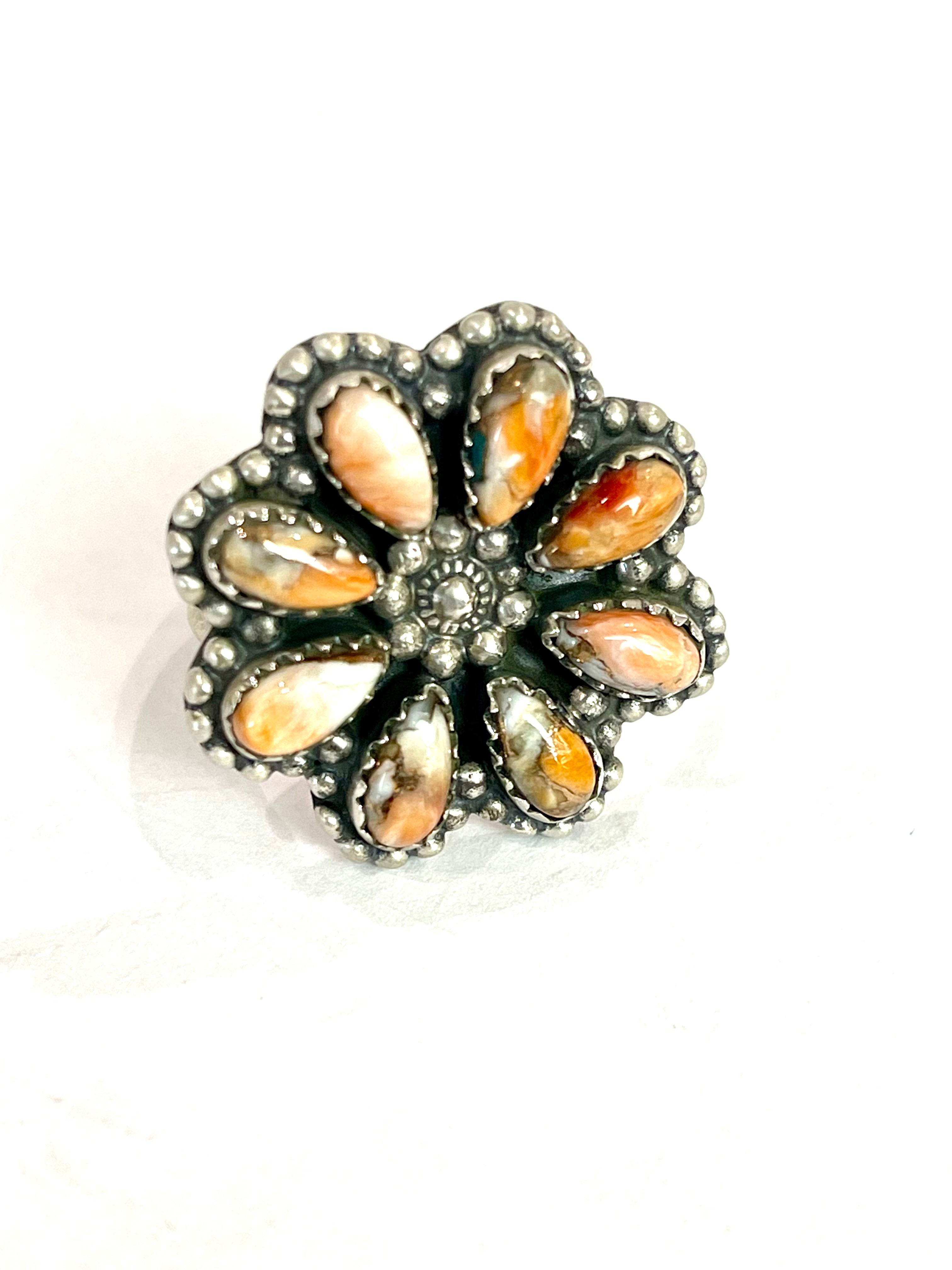 Beautiful Handmade Sterling Silver And Spice Flower Cluster Adjustable Ring