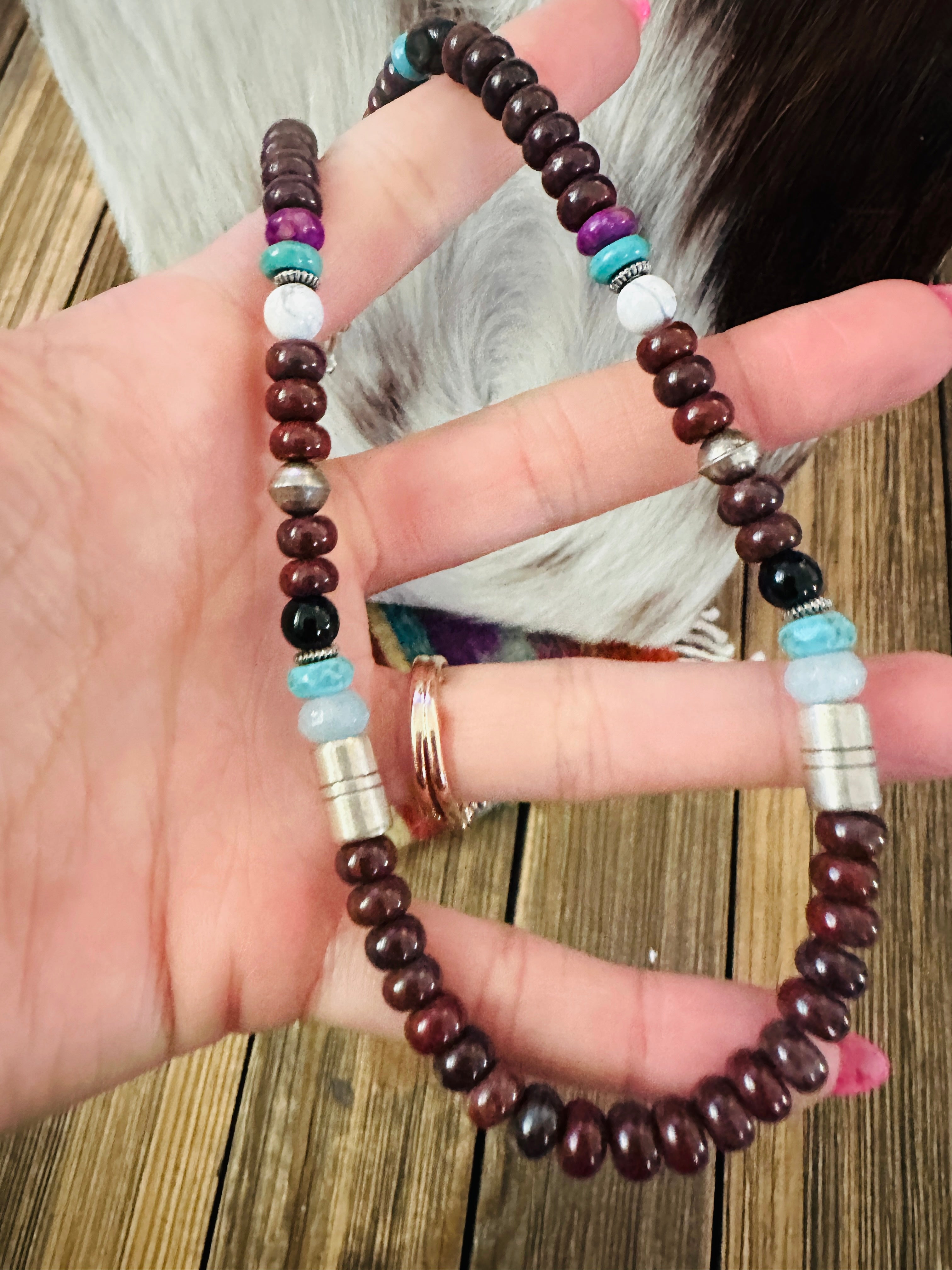 Handcrafted Multi Stone & Sterling Silver Beaded 16” Necklace by T & R Singer