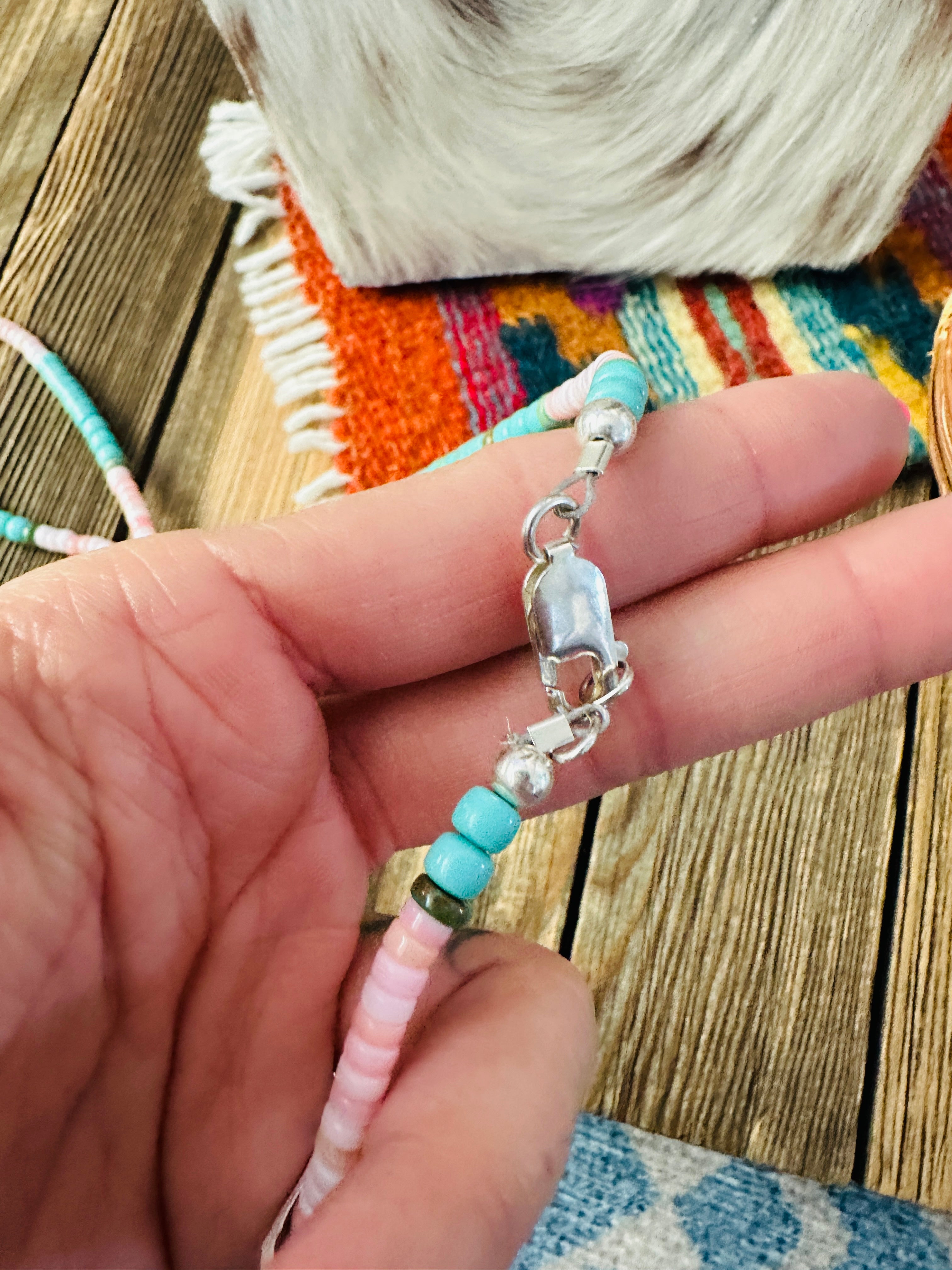Handcrafted Turquoise, Queen Pink Conch & Sterling Silver 30” Beaded Necklace
