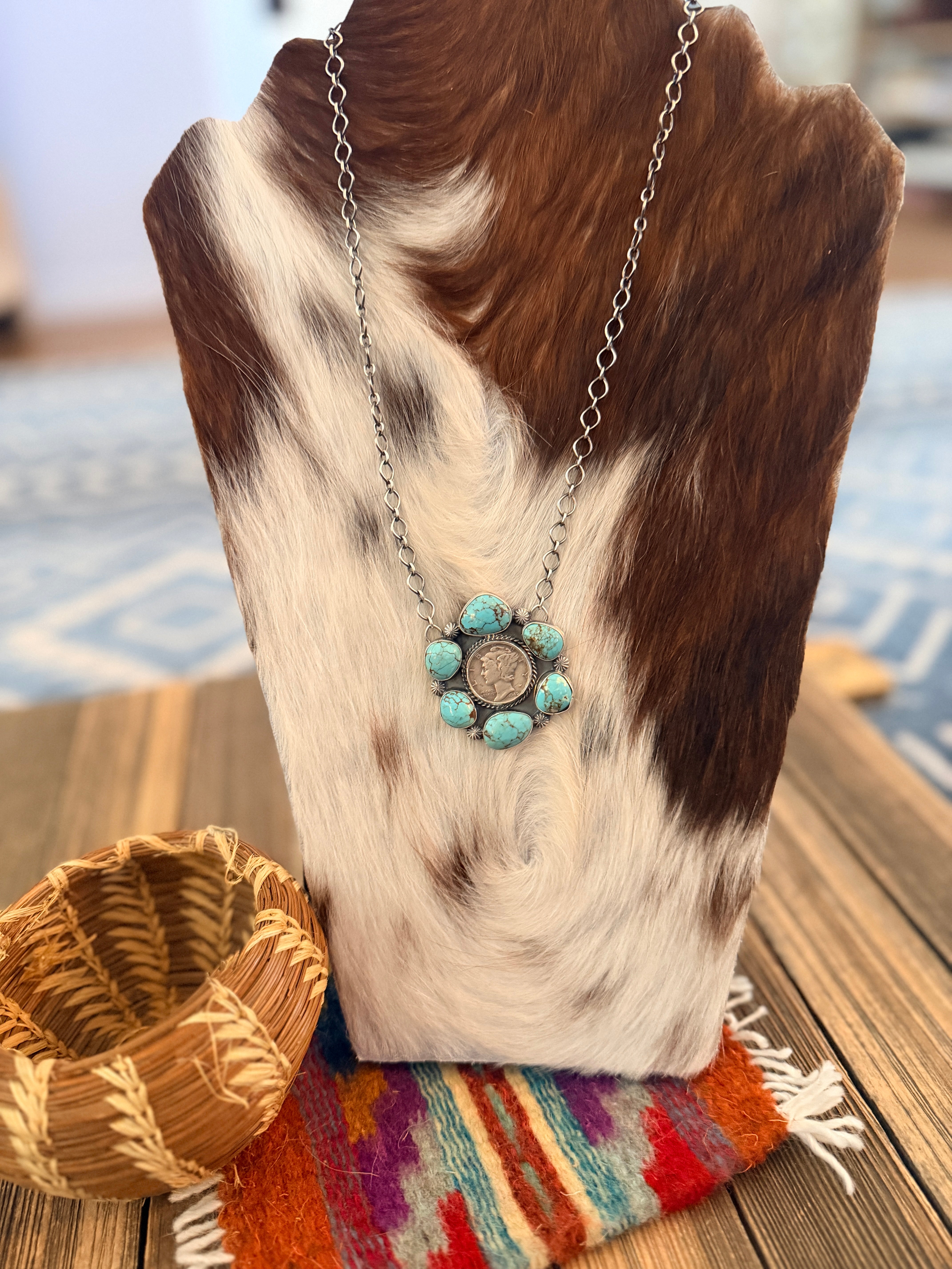 Handcrafted Turquoise & Sterling Silver Liberty Dime Necklace by Sheila Tso