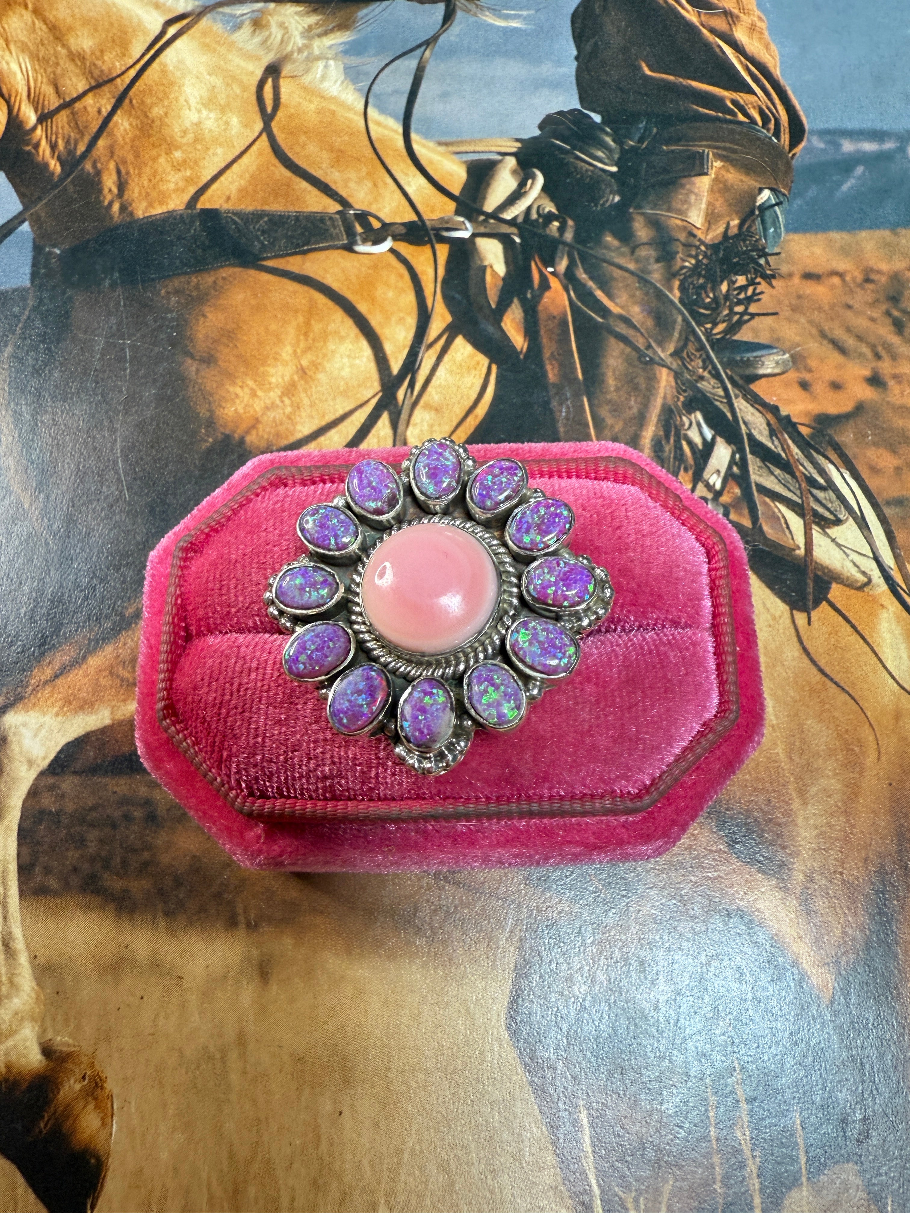 Handmade Pink Conch, Purple Fire Opal & Sterling Silver Adjustable Ring CIRCLE