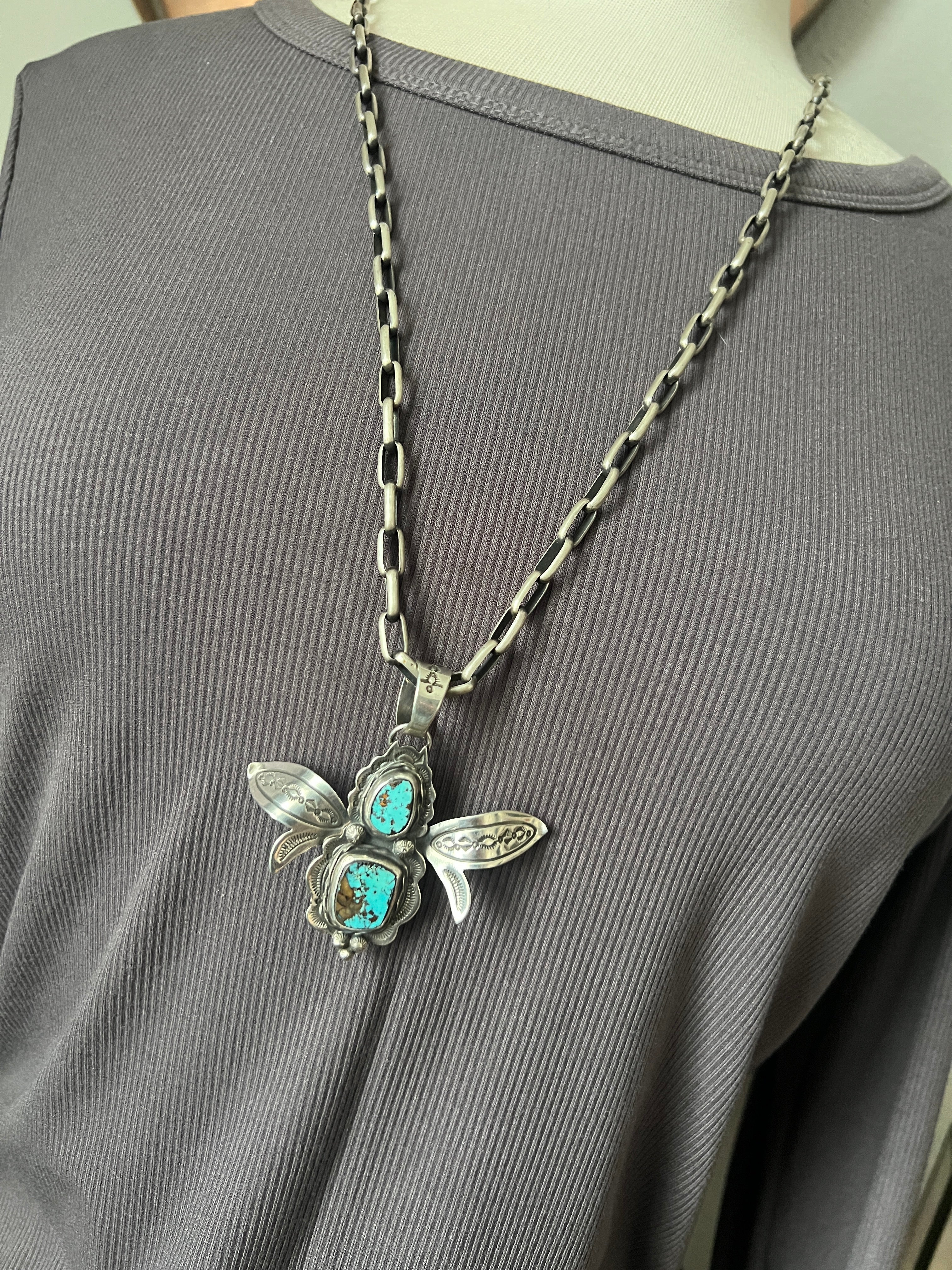 Handcrafted Kimari Somers Sterling Silver and Turquoise Winged Bug Pendant