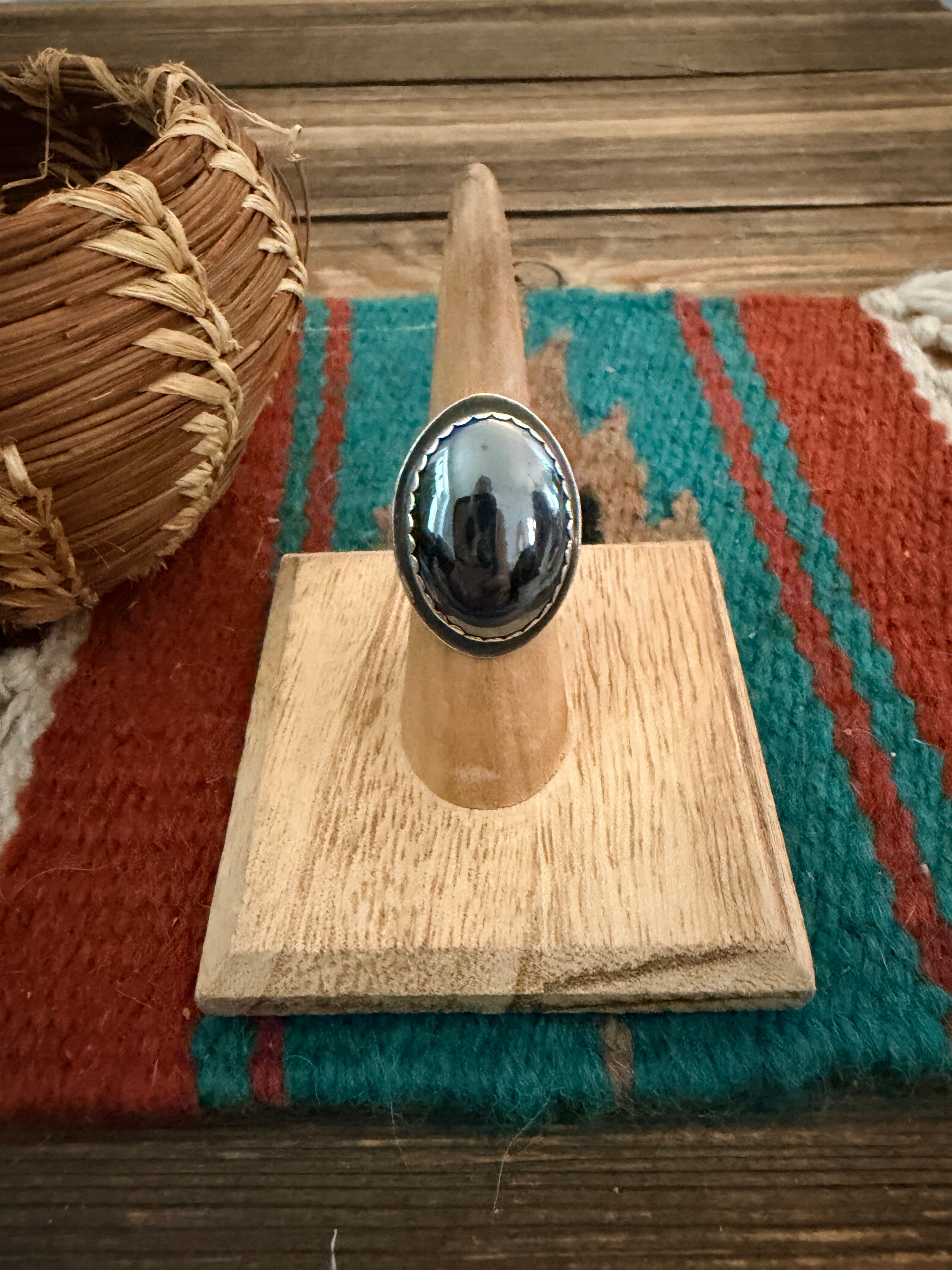 Old Pawn Handcrafted Hematite & Sterling Silver Ring Size 6.25