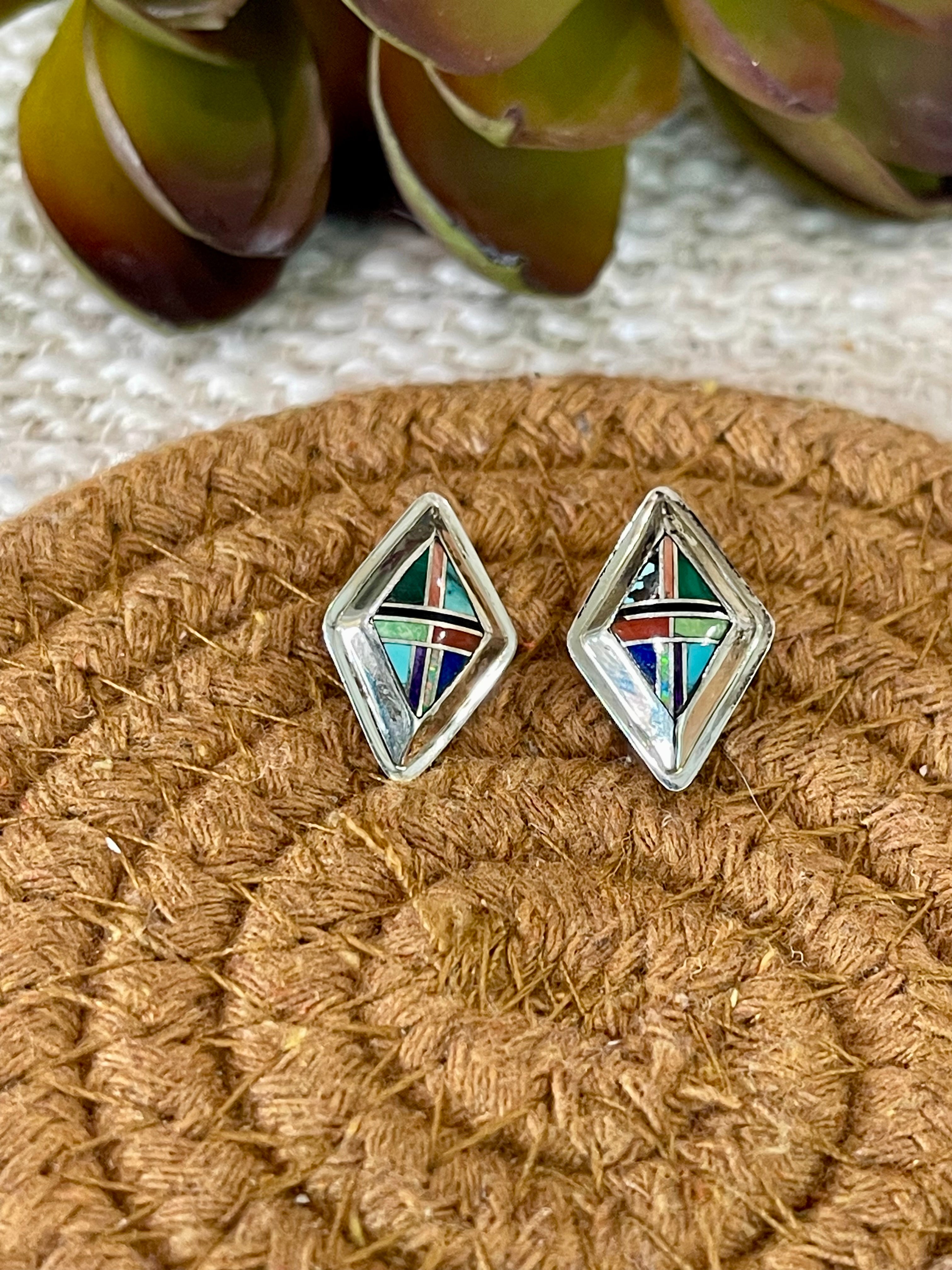 Beautiful Handmade Sterling Silver & Multi Stone Inlay Post Earrings