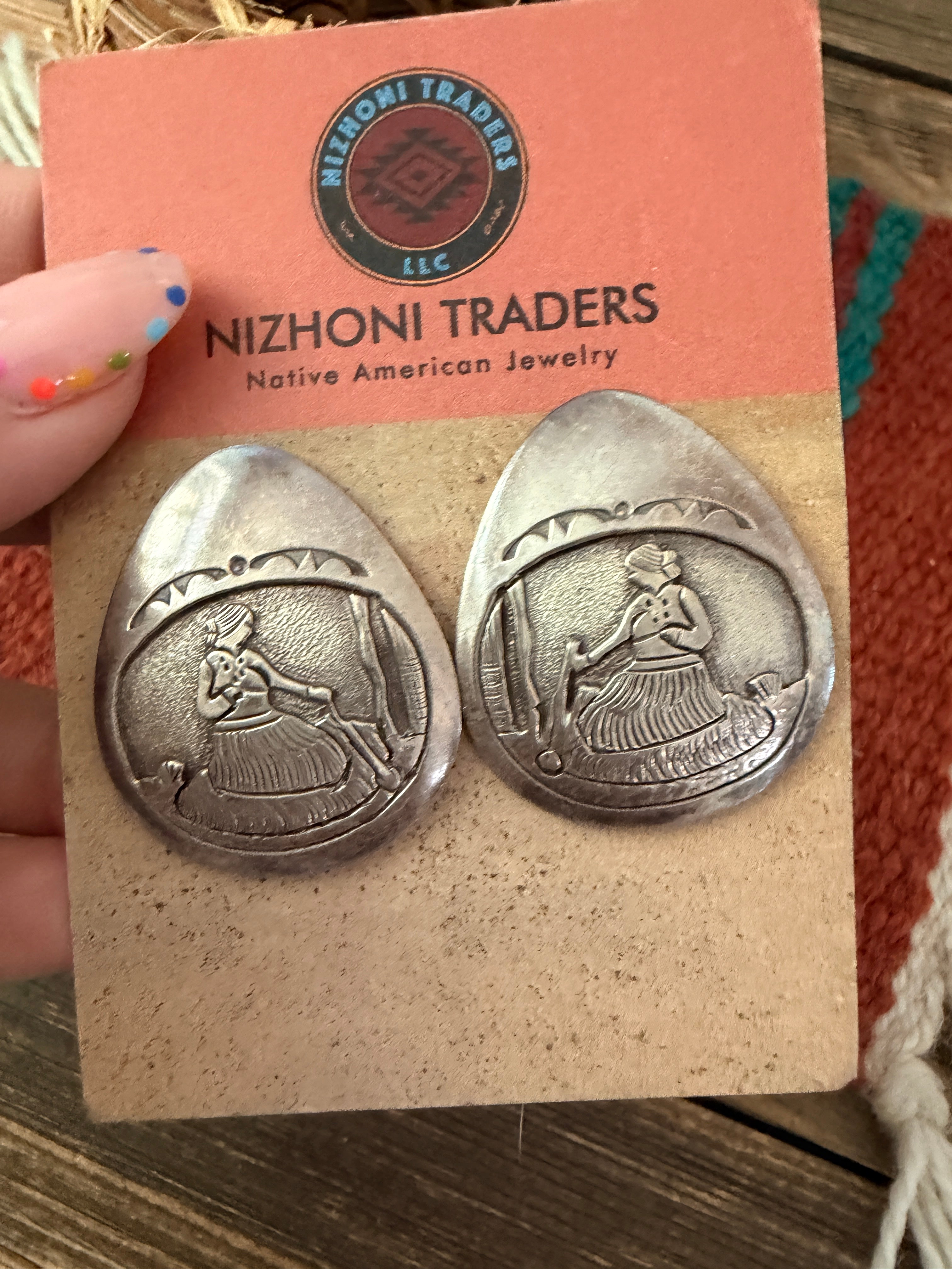Old Pawn Handcrafted Sterling Silver Pottery Maiden Post Earrings