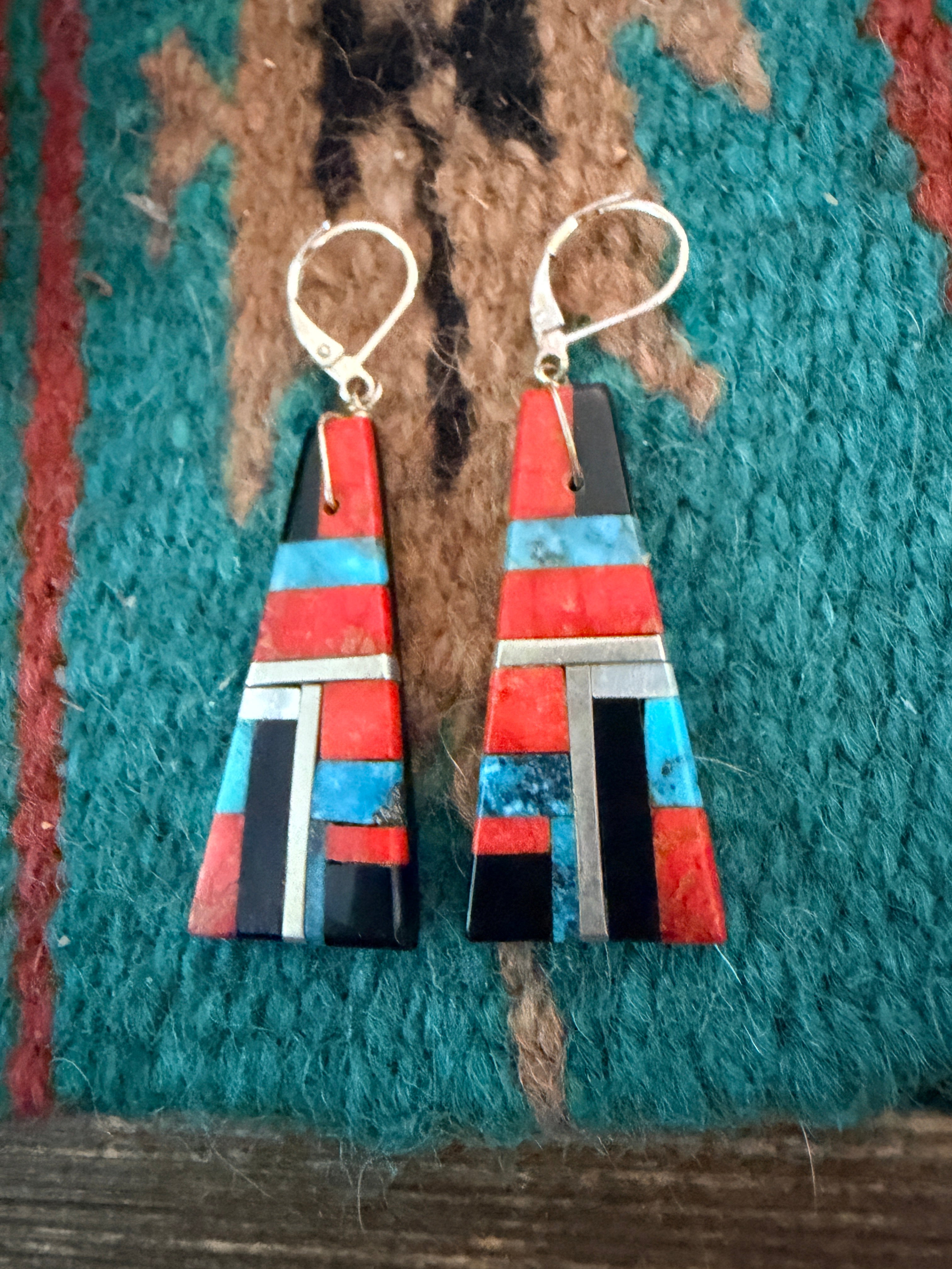 Old Pawn Handcrafted Multi Stone Inlay Dangle Earrings