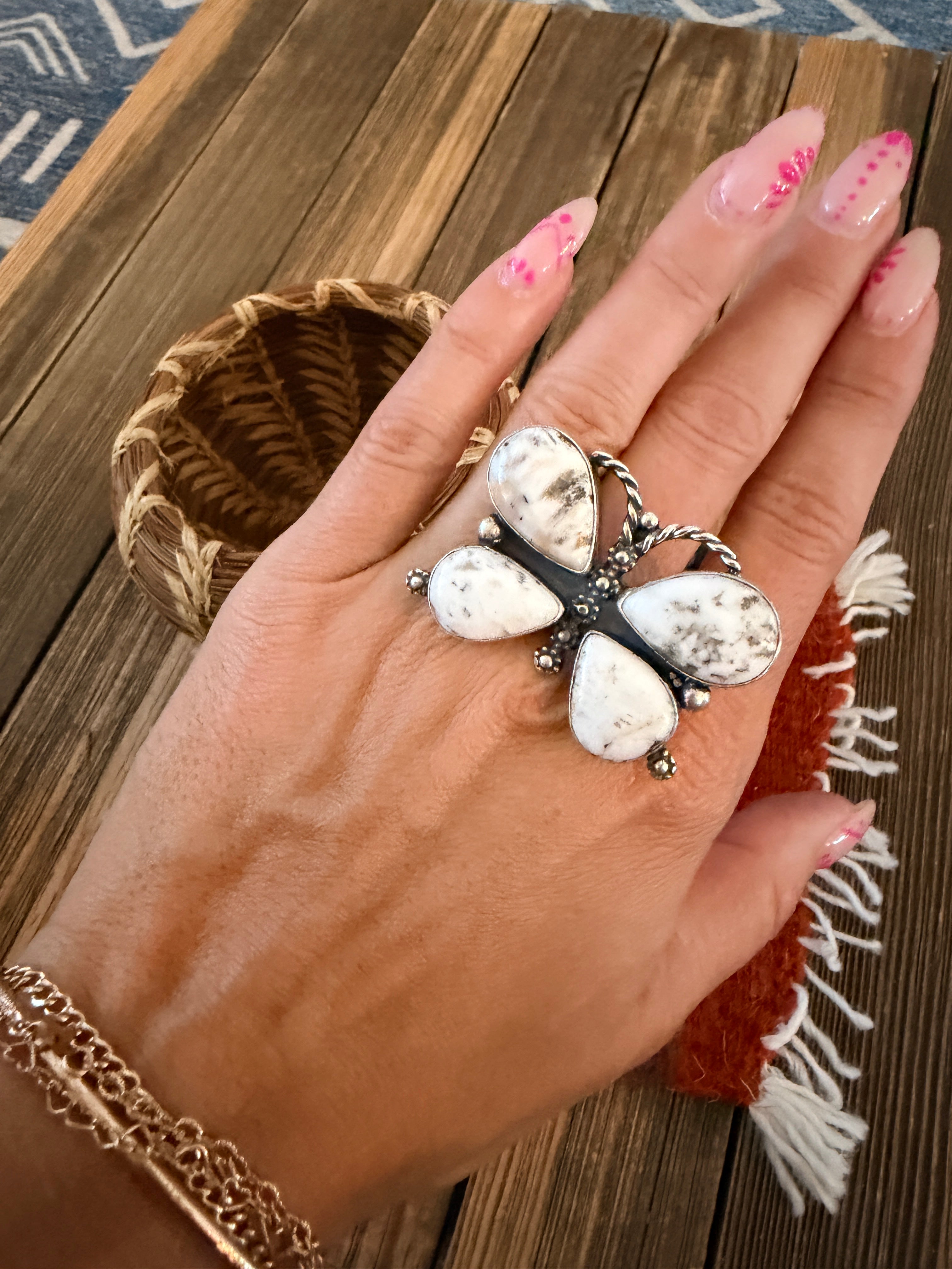 Handcrafted White Buffalo & Sterling Silver Adjustable Butterfly Ring