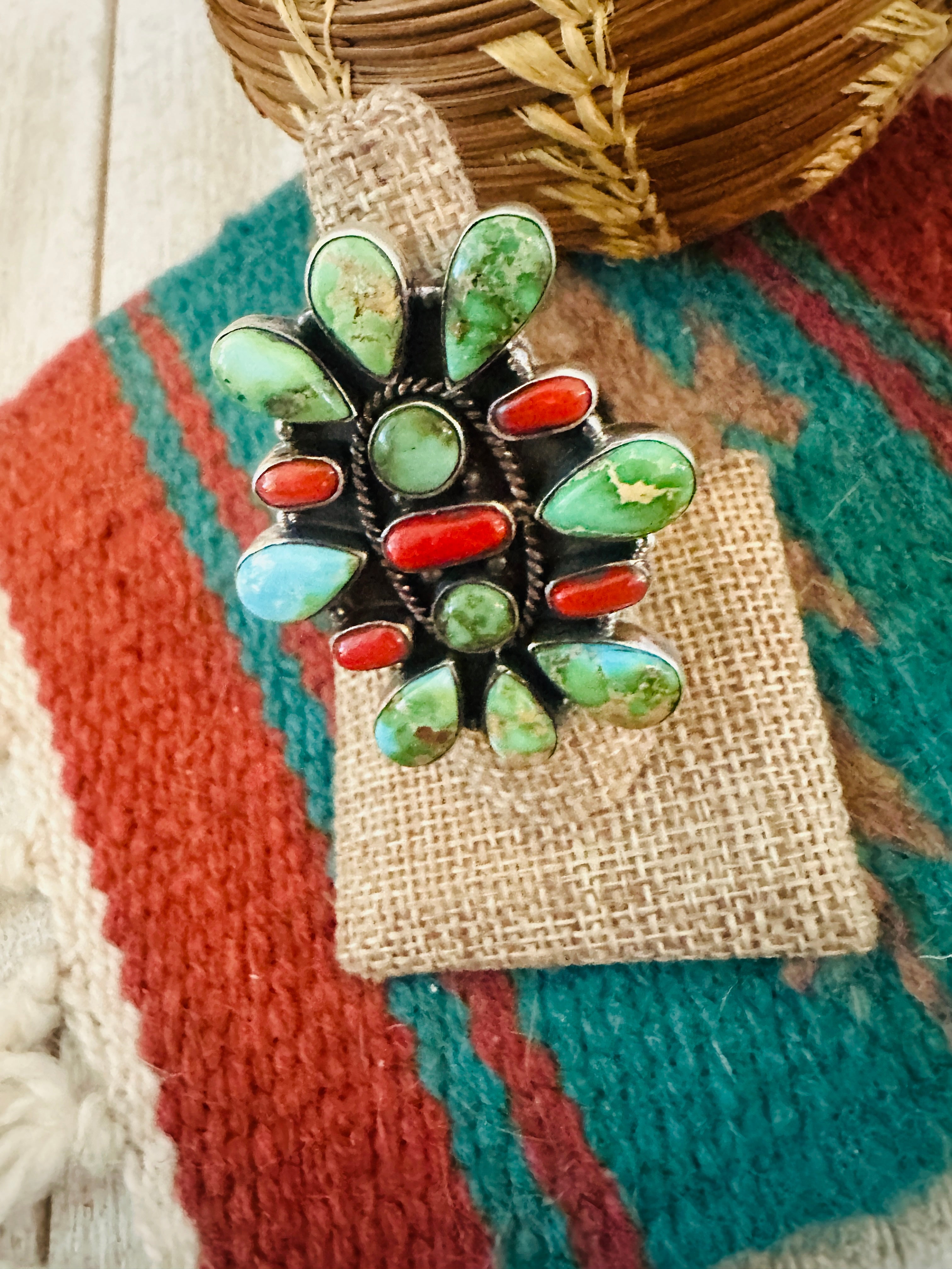 ** Christmas Collection ** Handmade Sterling Silver, Turquoise & Coral Adjustable Ring Signed Nizhoni