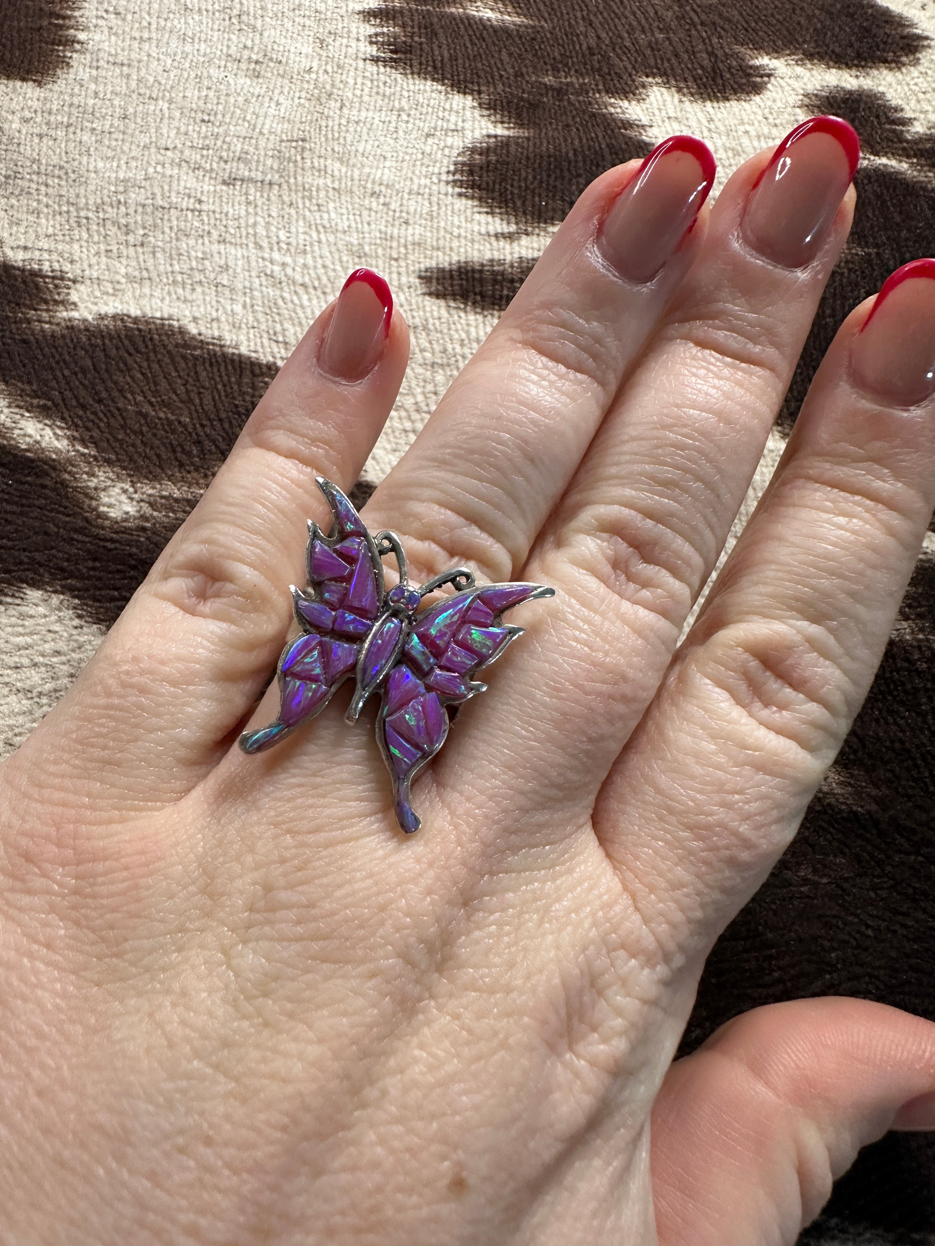 Beautiful Handmade Purple Opal And Sterling Silver Adjustable Butterfly Ring