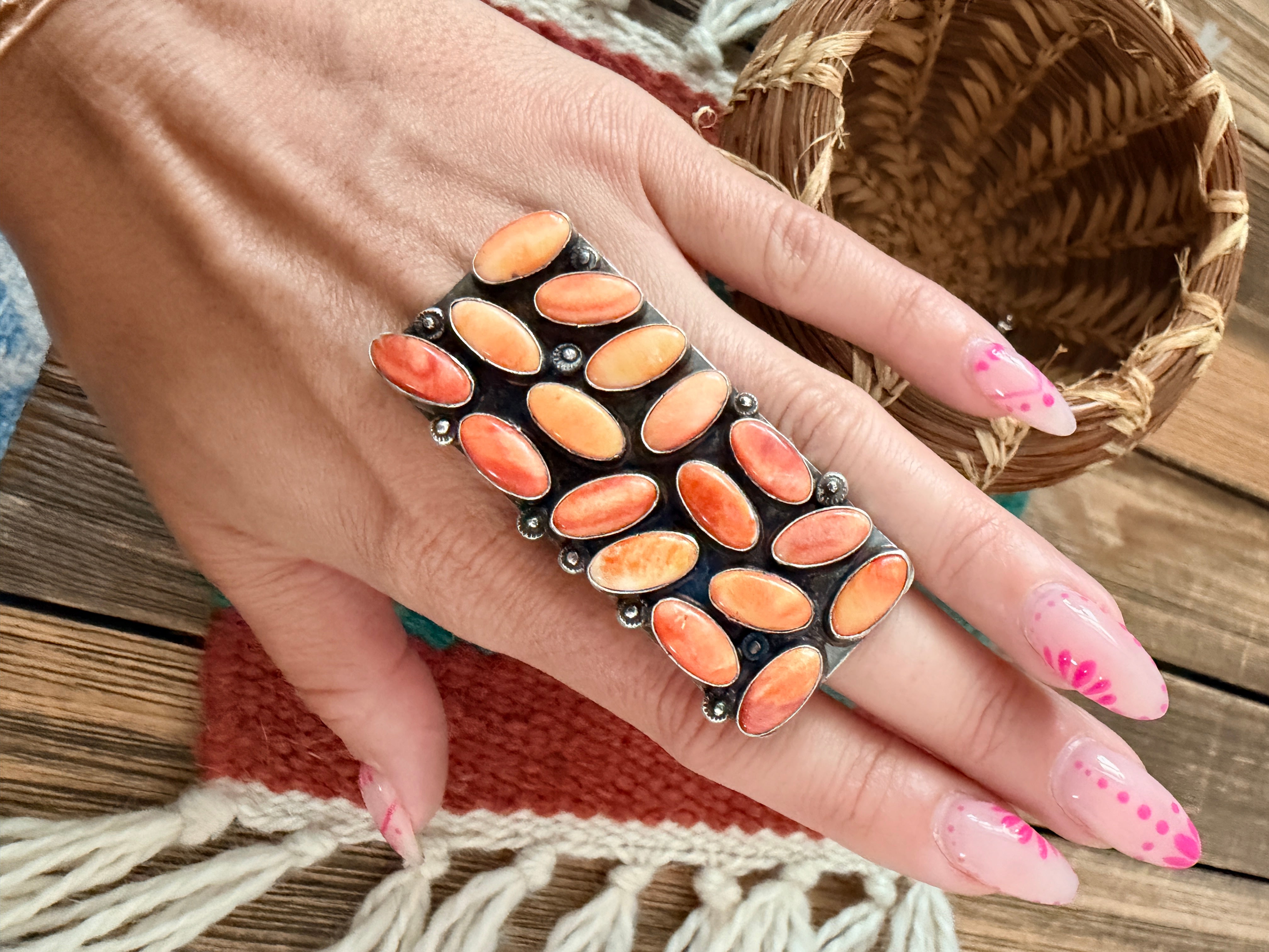Handcrafted Orange Spiny Oyster & Sterling Silver Cluster Adjustable Ring by Jacqueline Silver