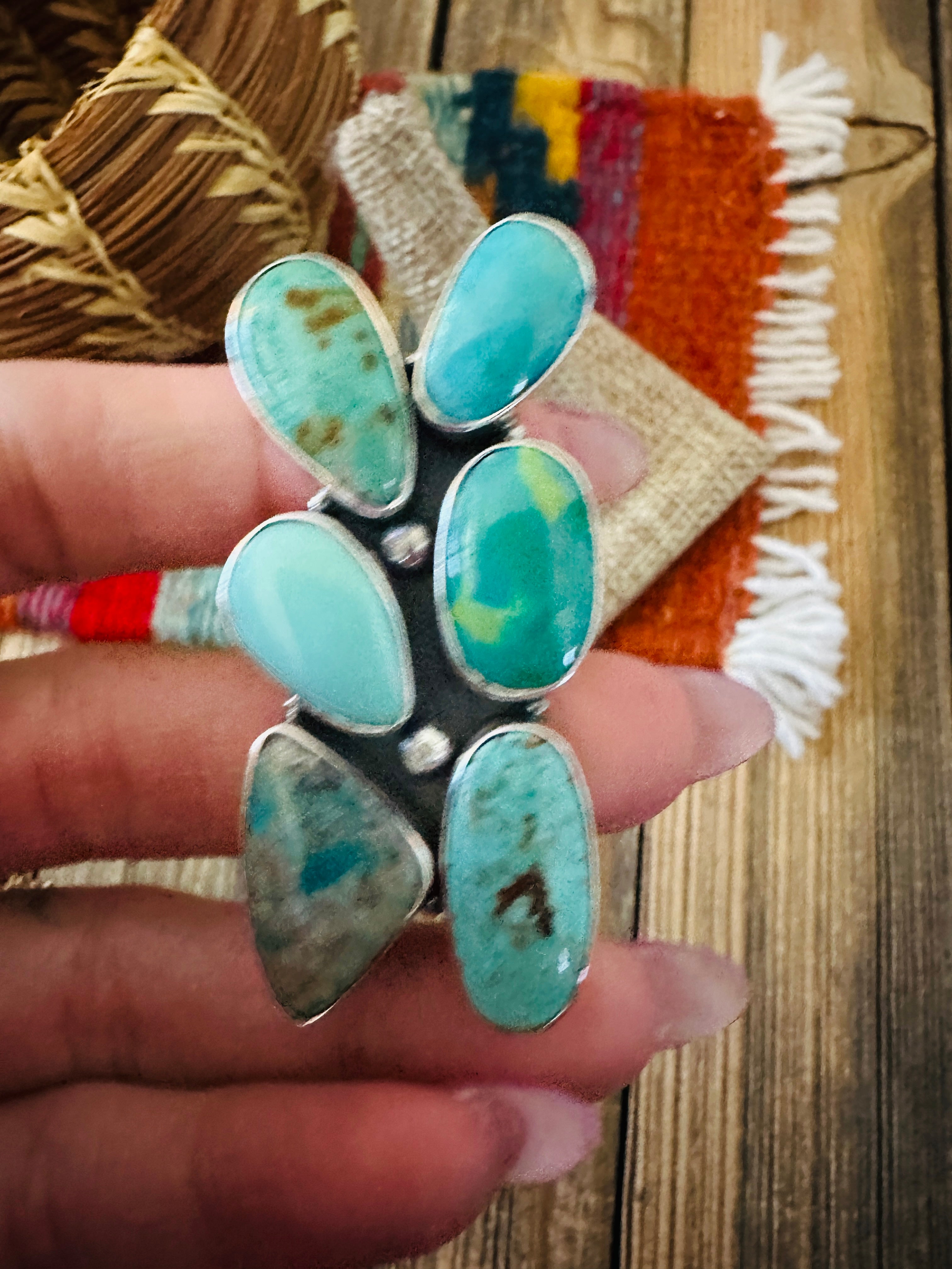 Handcrafted Turquoise & Sterling Silver Cluster Adjustable Ring