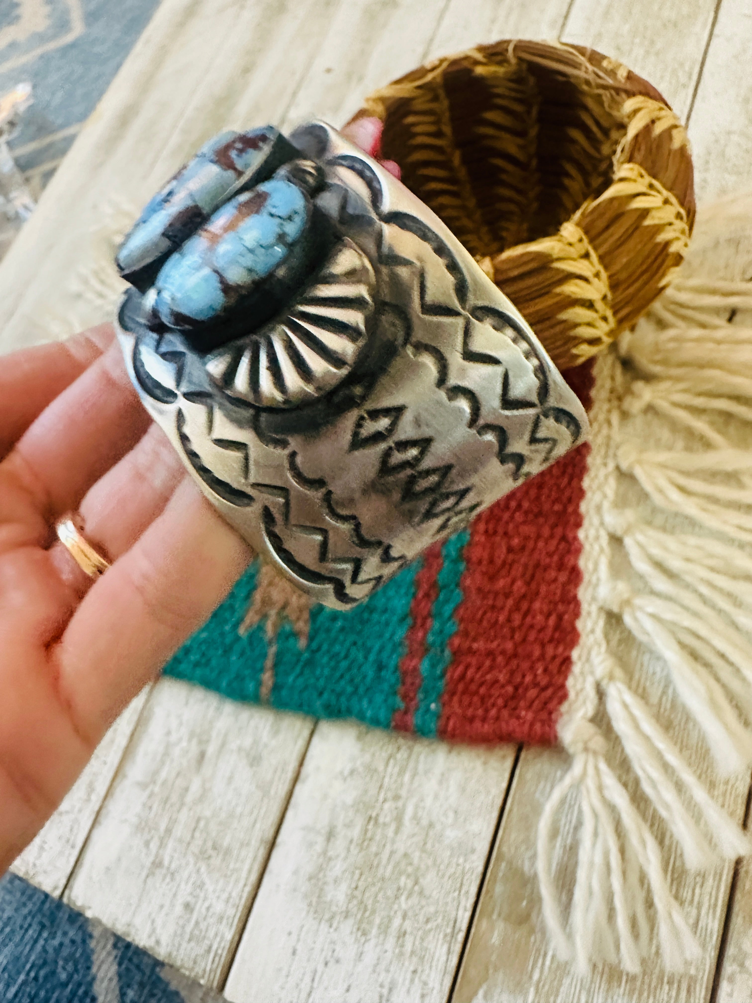 Handcrafted Sterling Silver & Golden Hills Turquoise Cuff Bracelet by Chimney Butte /