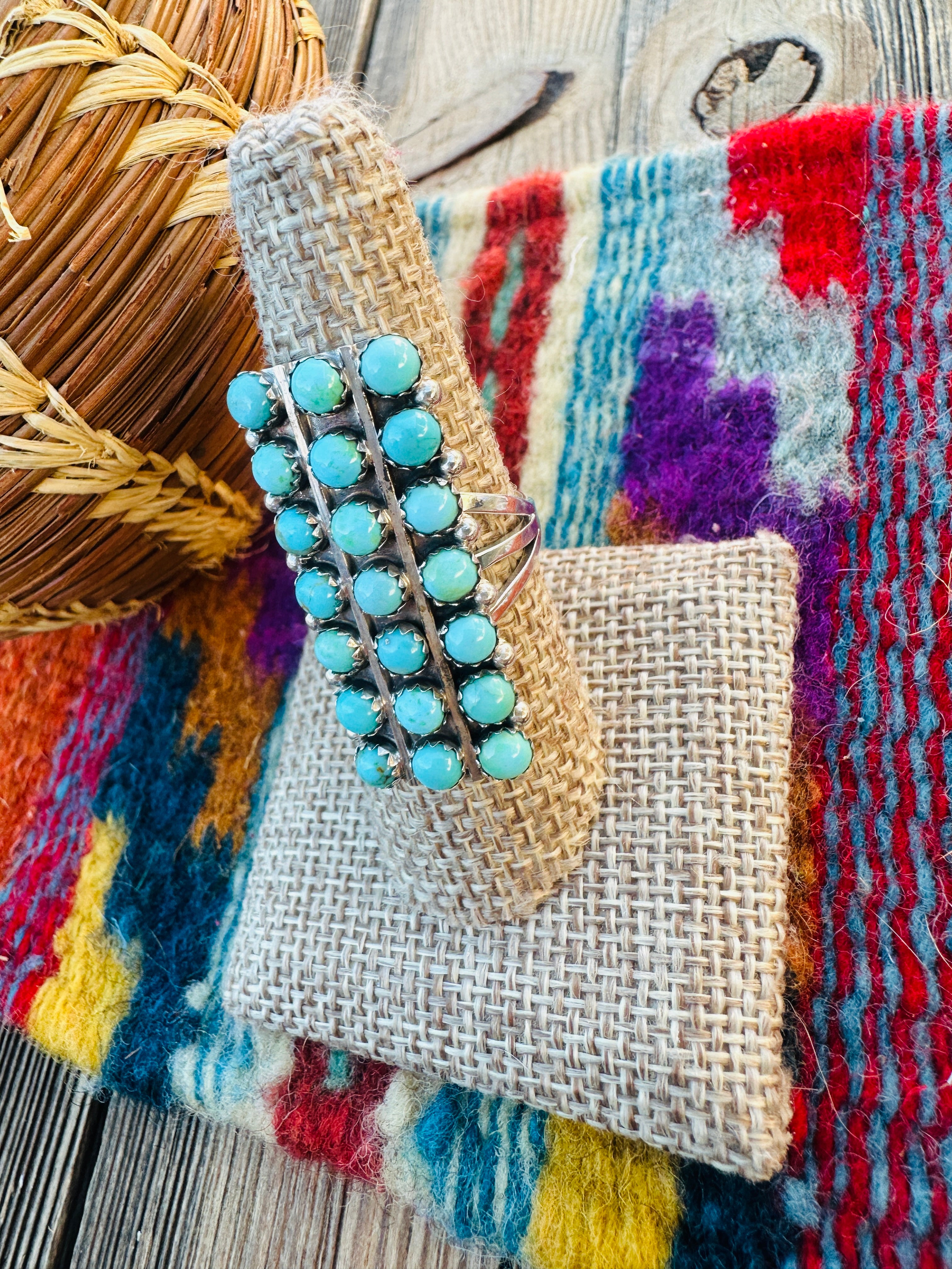 Handcrafted Turquoise & Sterling Silver Cluster Ring Size 7.75