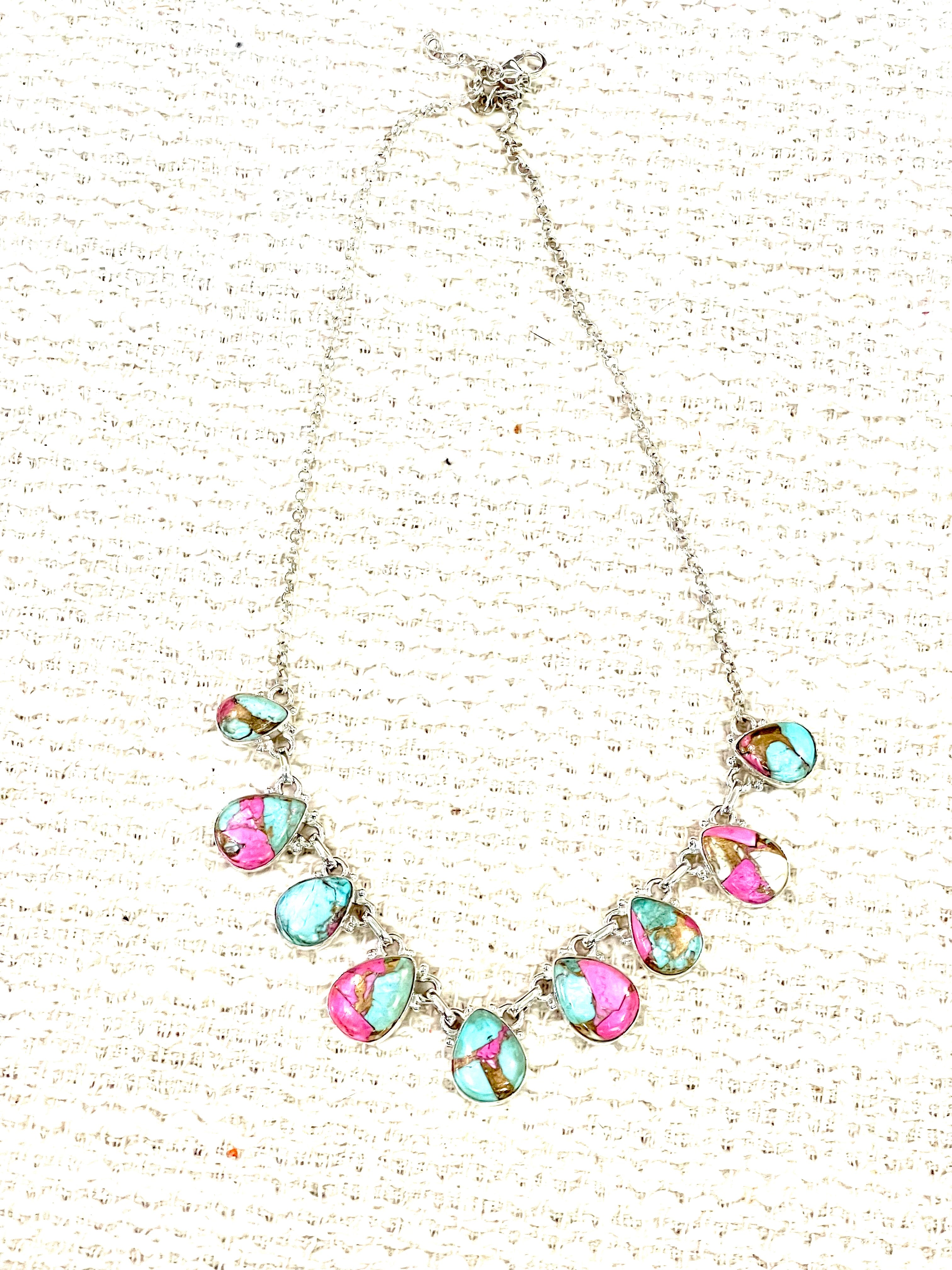 Handmade Sterling Silver Cotton Candy Turquoise Necklace with Signed Nizhoni