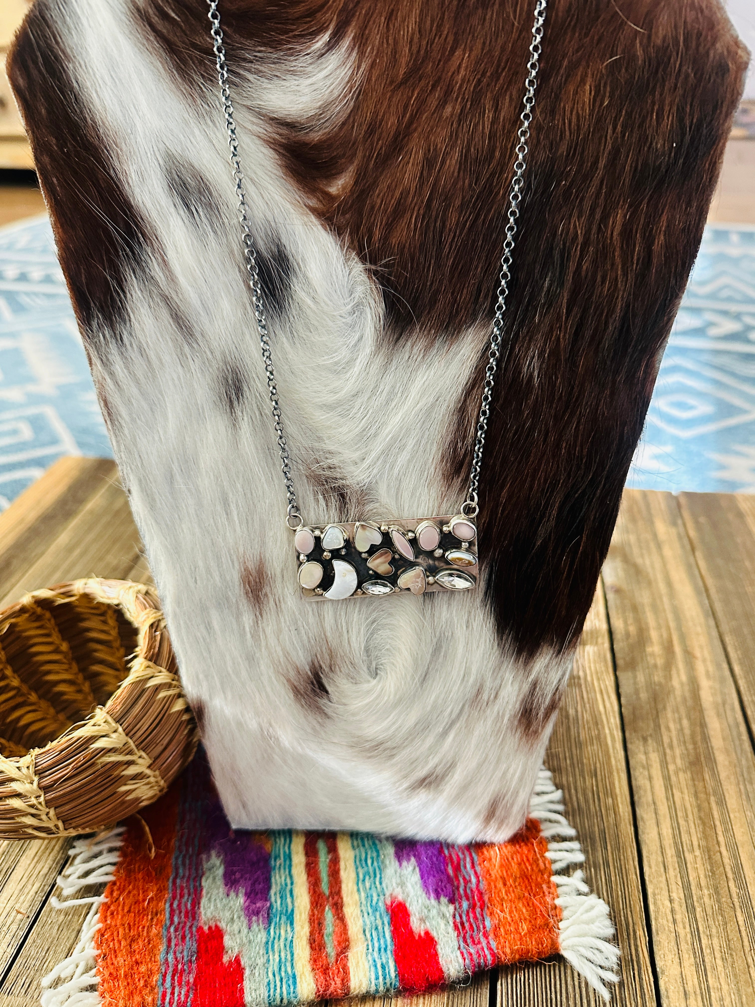 Handcrafted Mother of Pearl, CZ & Sterling Silver Bar Necklace by Jacqueline Silver