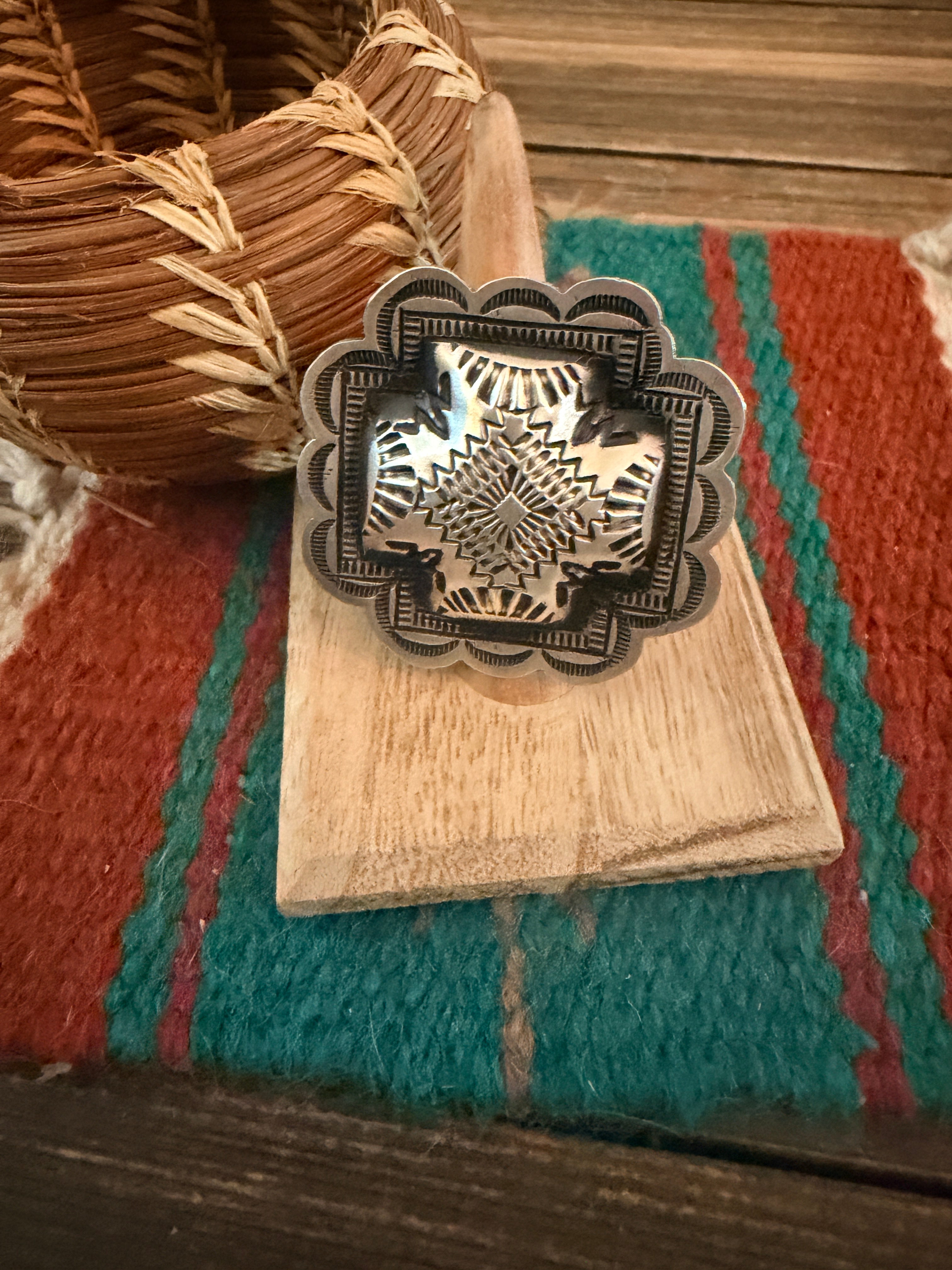 Handcrafted Sterling Silver Adjustable Cross Concho Ring by Leander Tahe