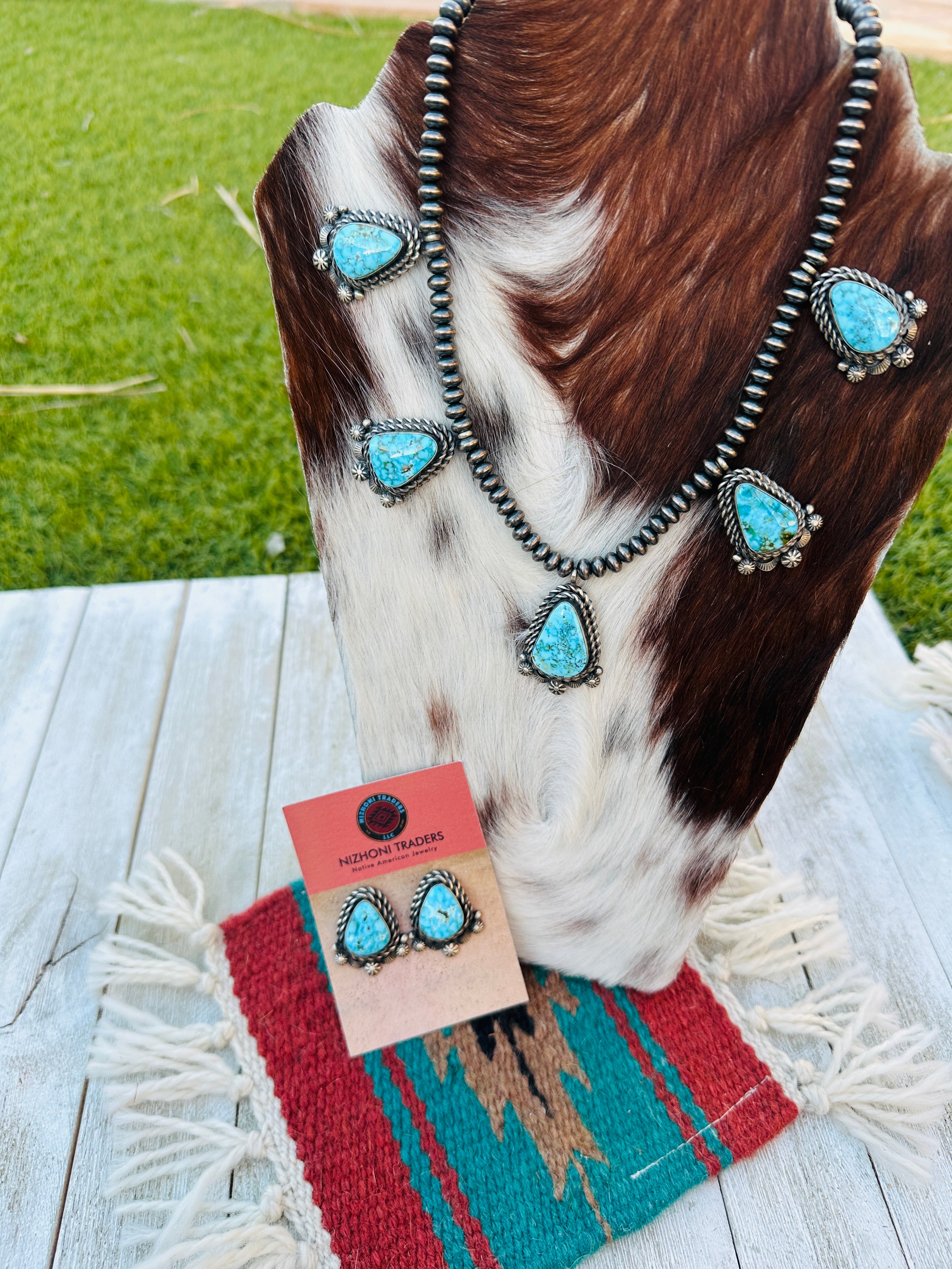 Handcrafted Kingman Web Turquoise & Sterling Silver Necklace and Earring Set by Eli Skeets