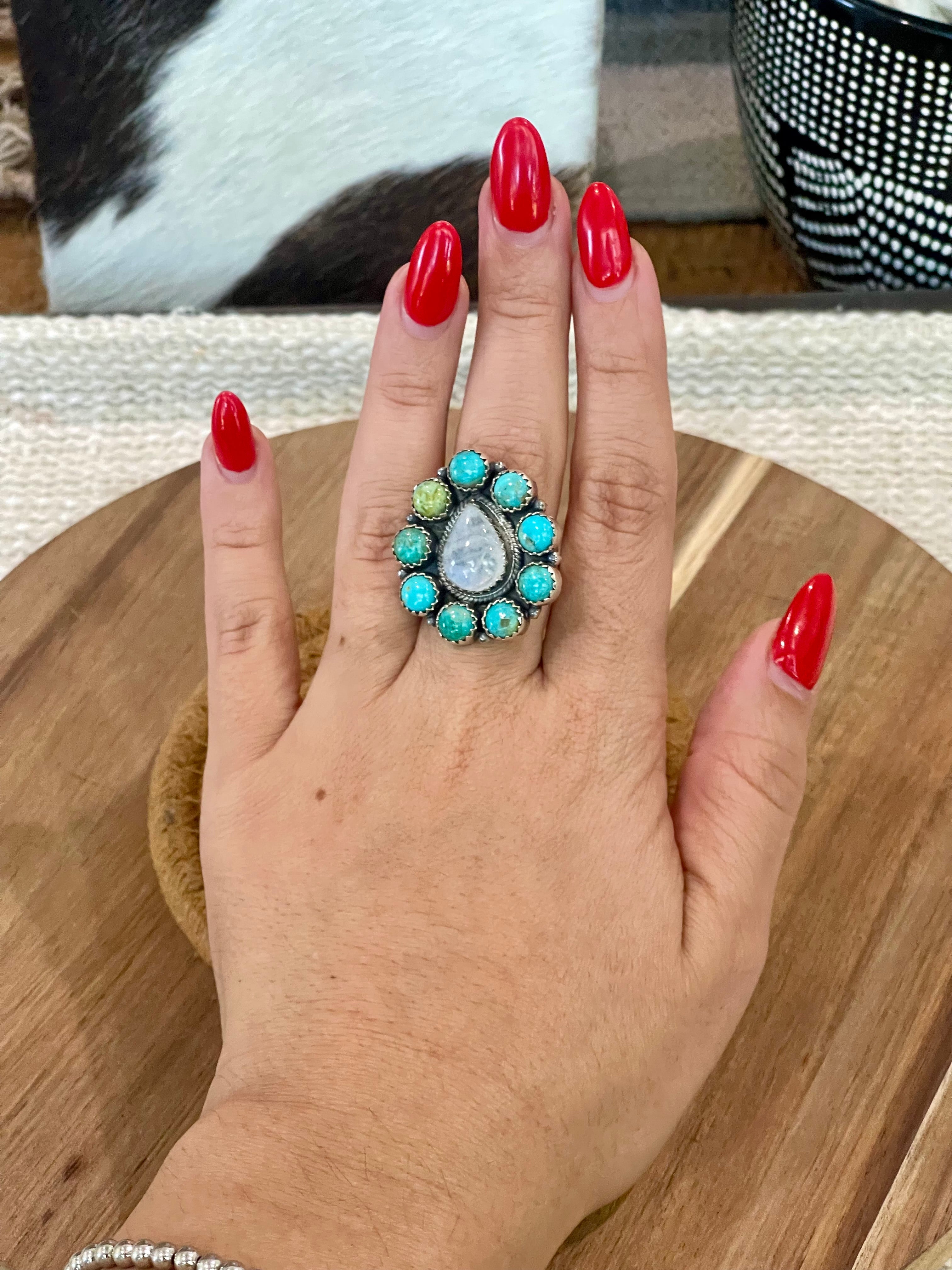 Handcrafted Sterling Silver, Moonstone & Kingman Turquoise Adjustable Ring