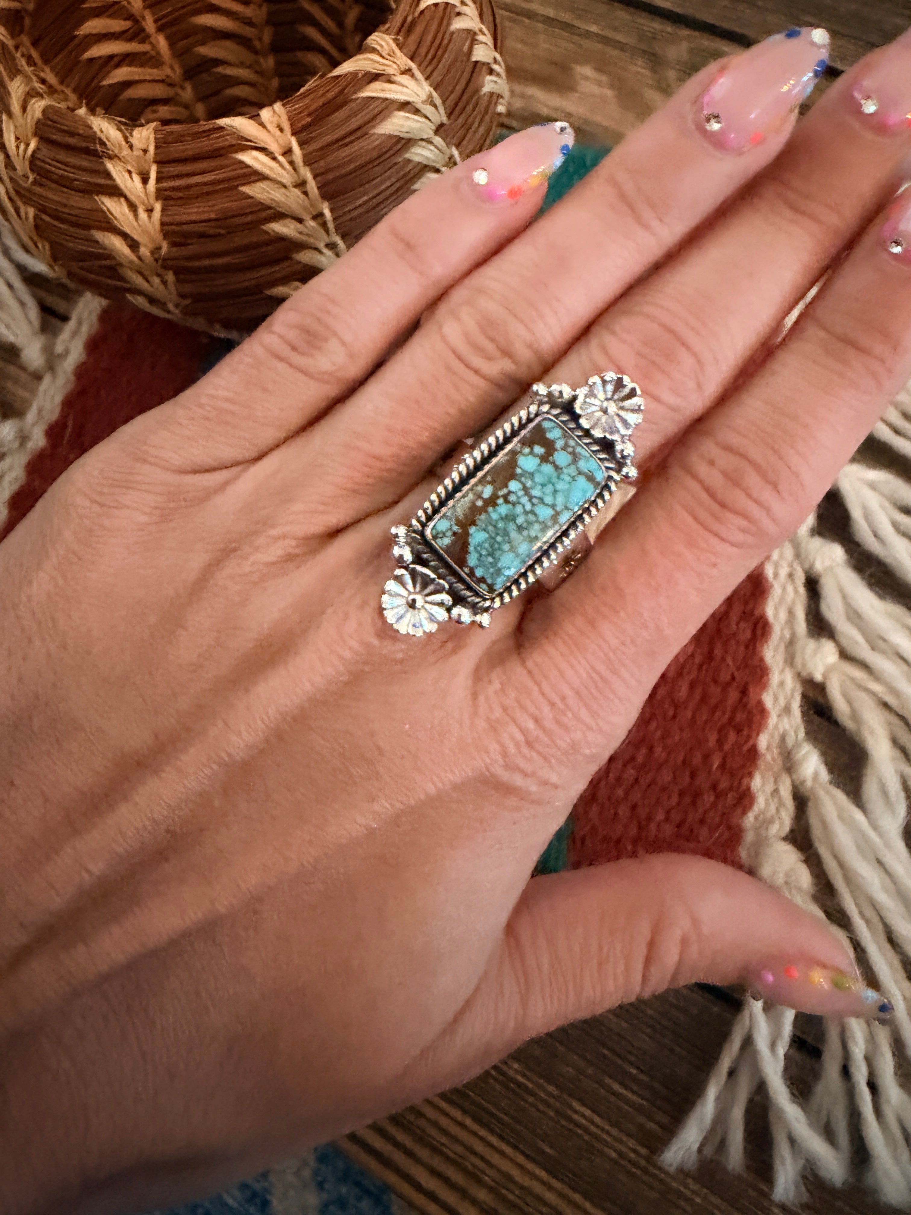 Handmade Sterling Silver Number 8 Turquoise Adjustable Ring Signed Nizhoni