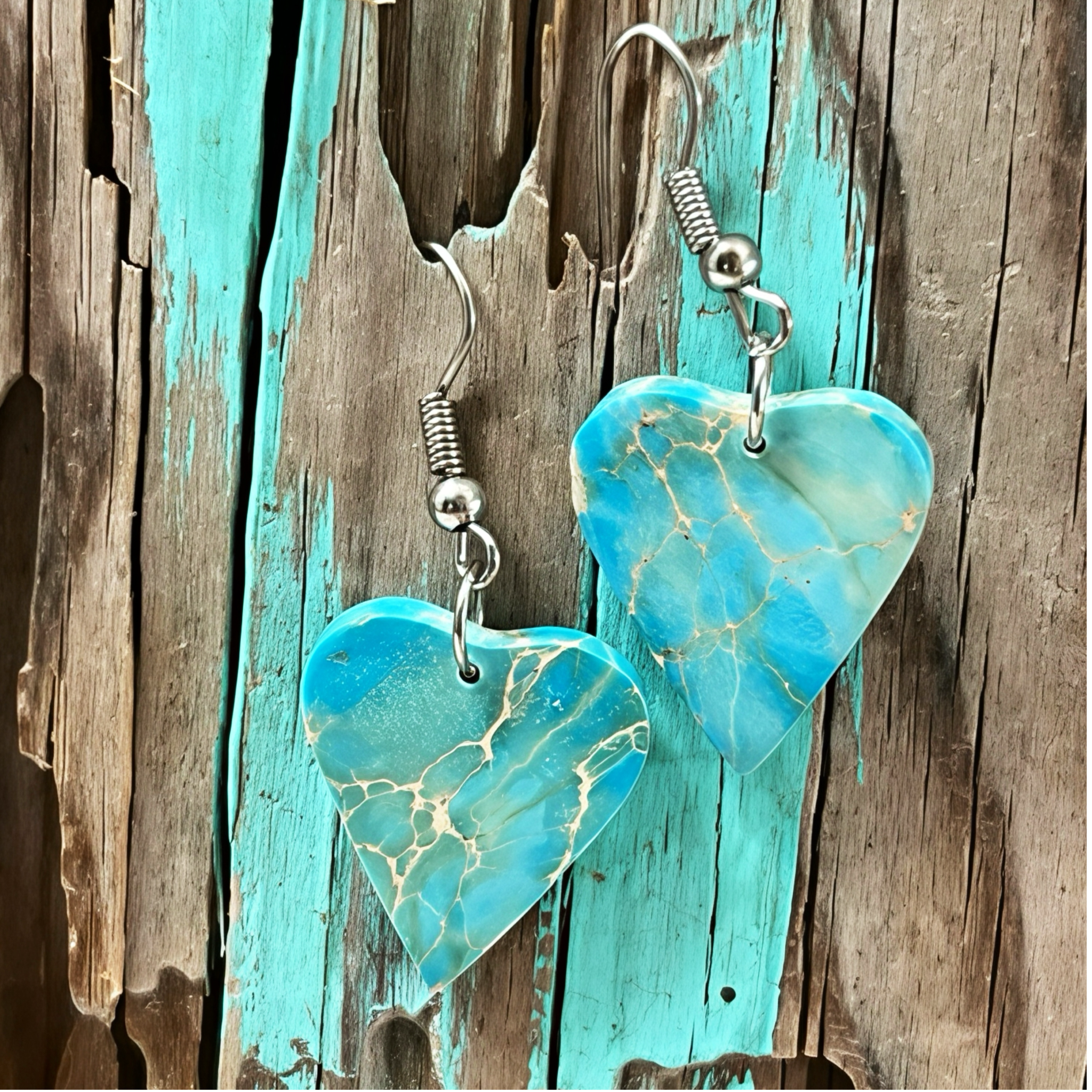 Handcrafted Turquoise Heart Slab Sterling Silver Earrings