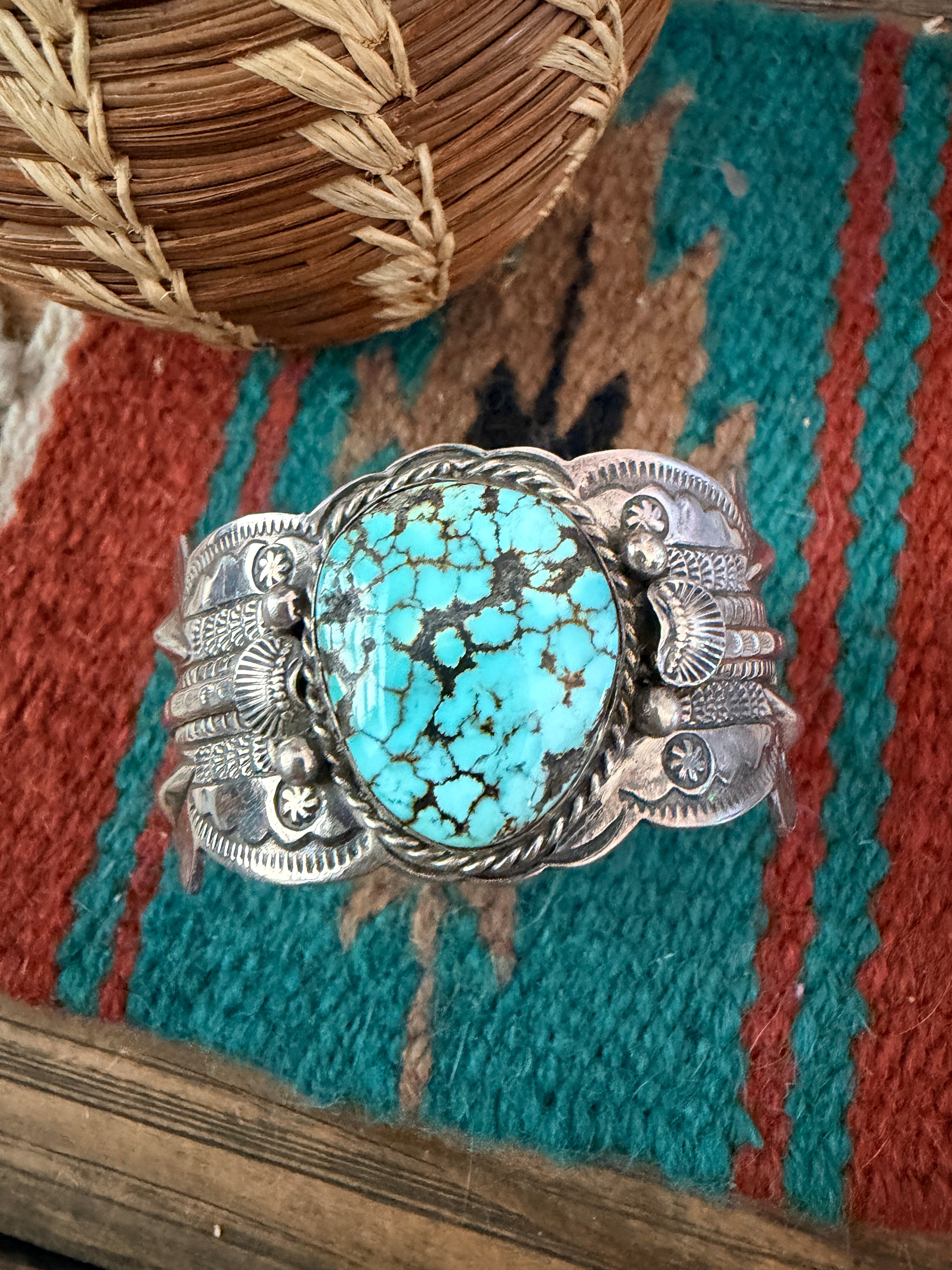 Handcrafted Old Pawn Sterling Silver & Number 8 Turquoise Cuff Bracelet