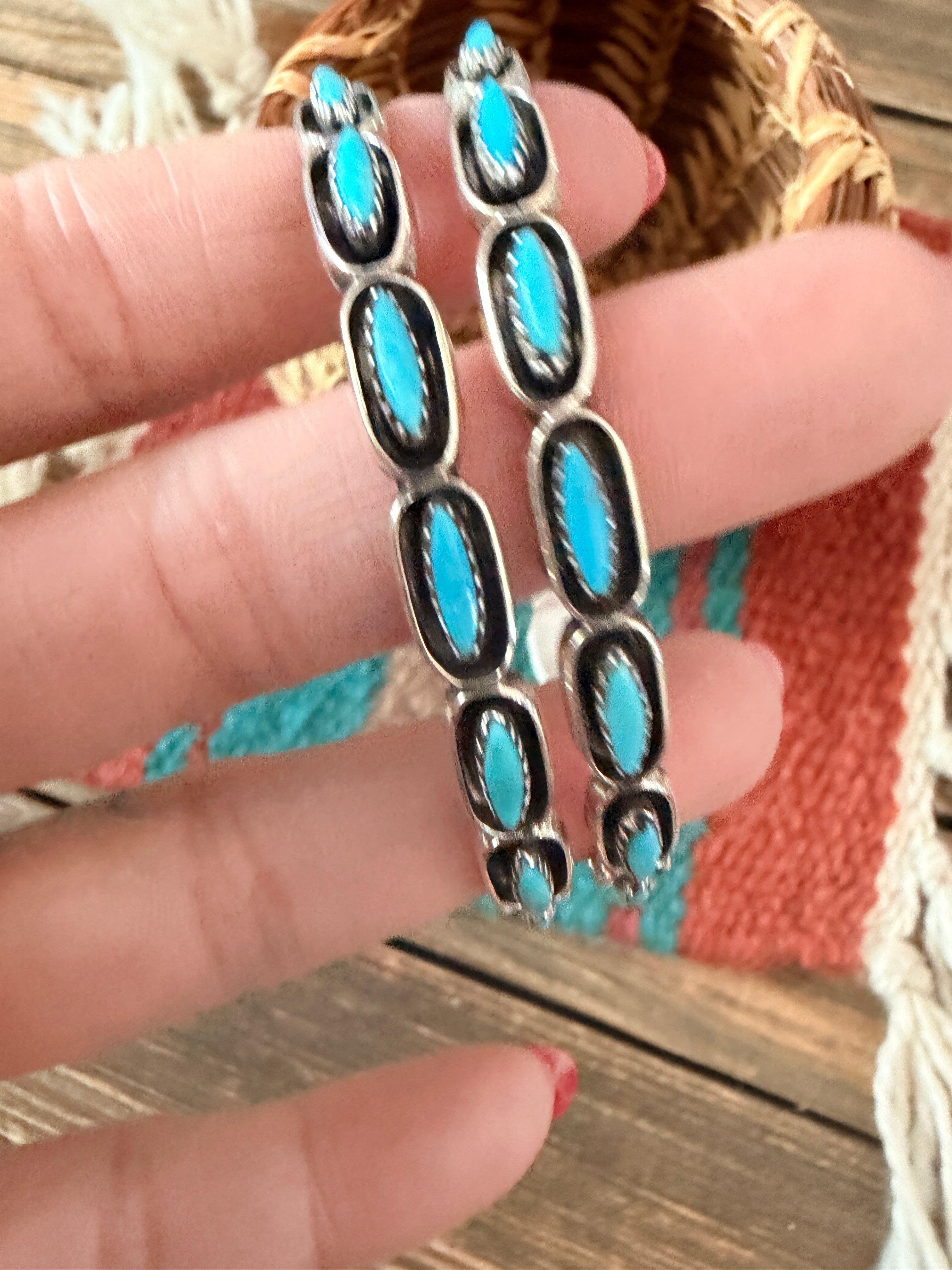 Handcrafted Turquoise & Sterling Silver Shadowbox Hoop Earrings