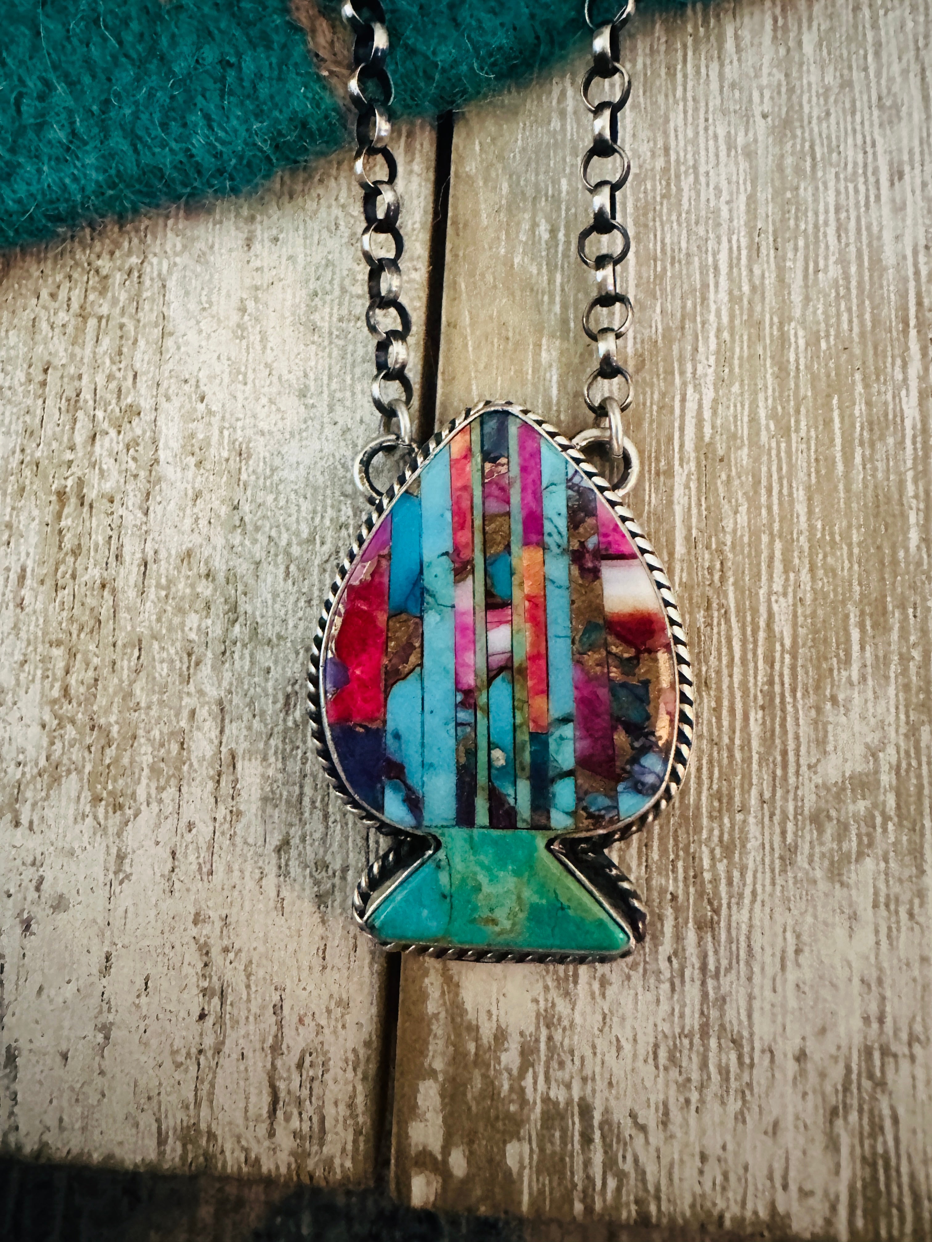 Navajo Sterling Silver & Multi Stone Inlay Spade Necklace