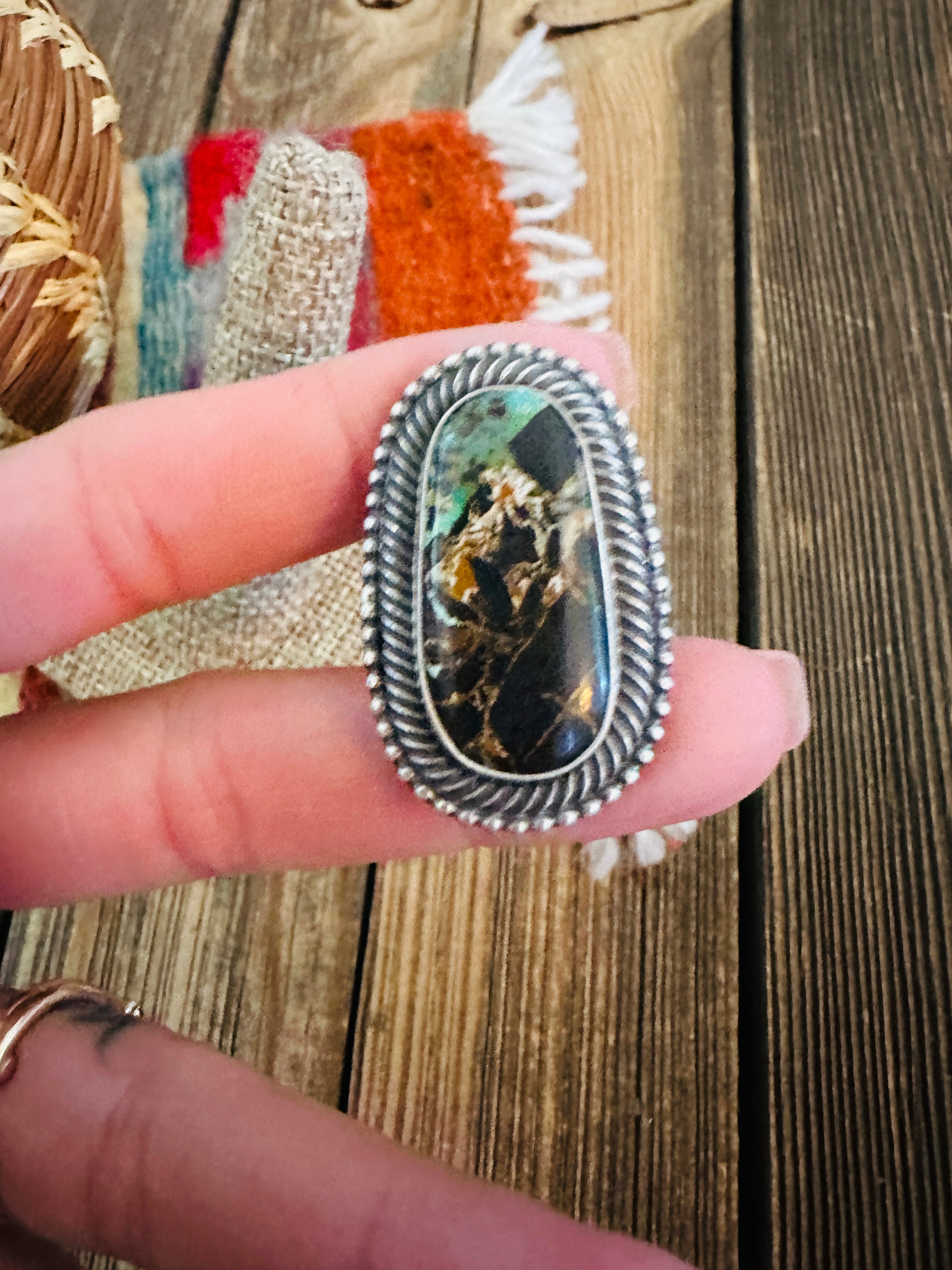 Handcrafted Blackjack Turquoise & Sterling Silver Ring Size 10