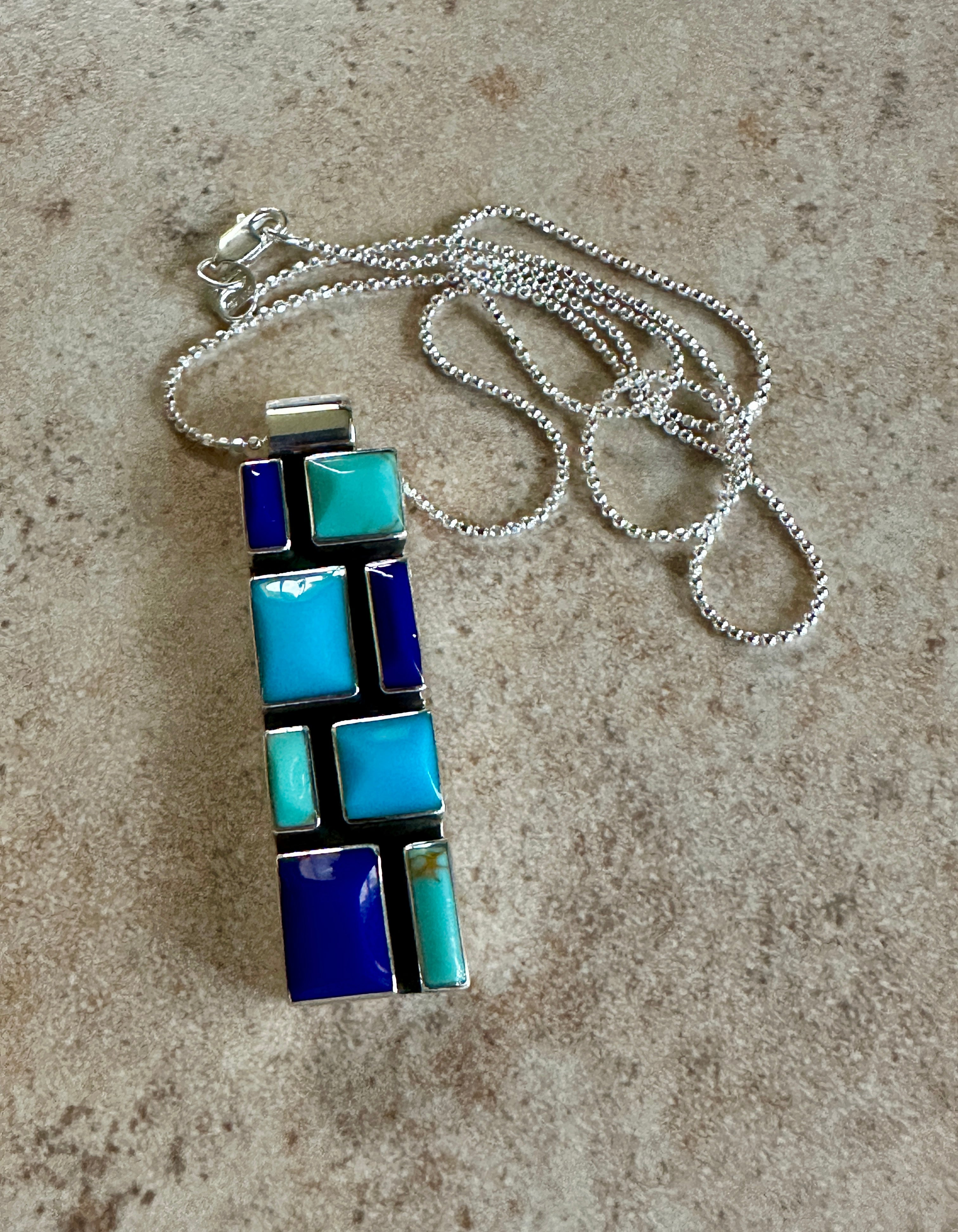 Turquoise & Lapis Slim Mosaic Pendant Necklace