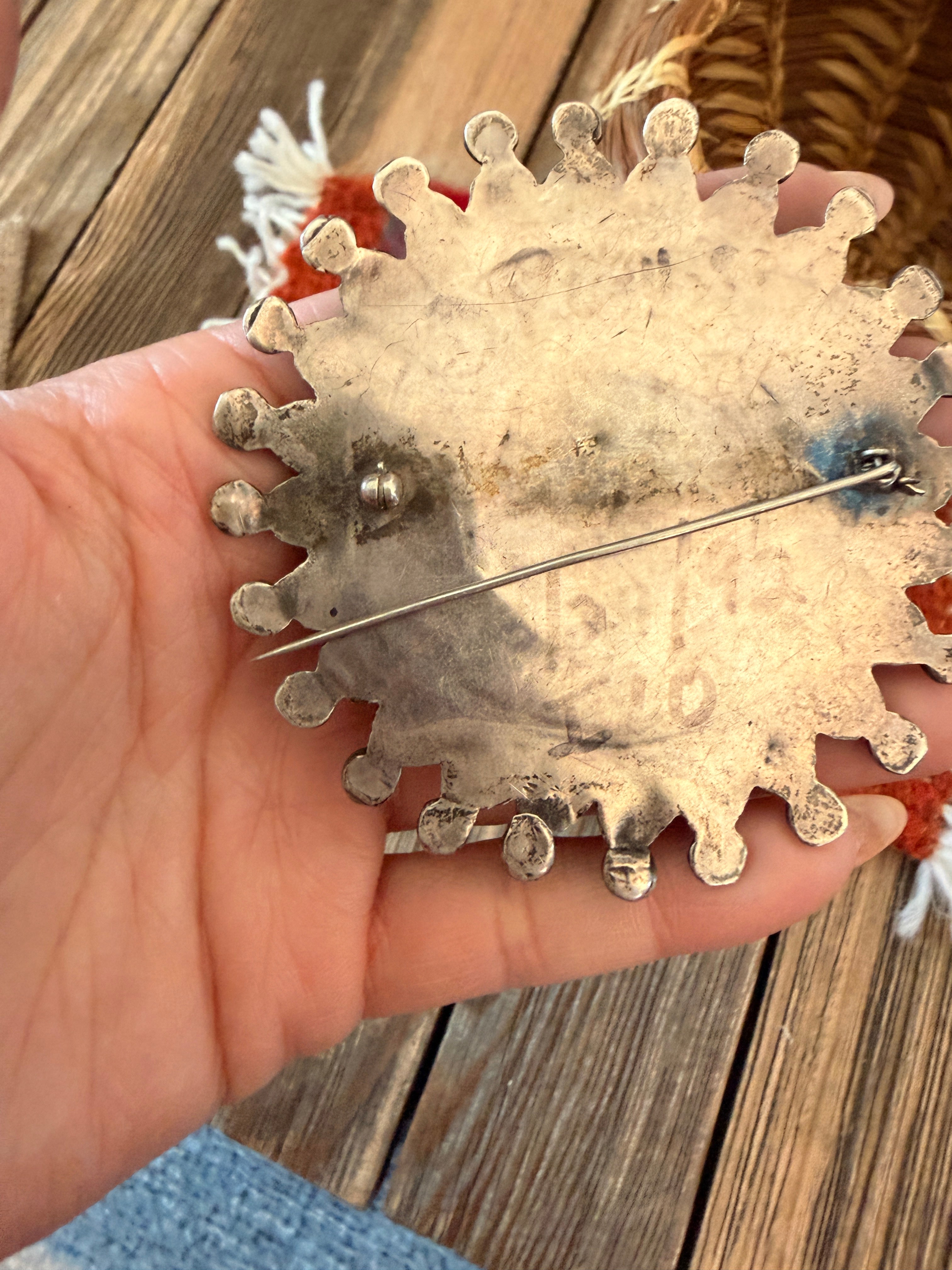 Old Pawn Handcrafted Turquoise and Sterling Silver Liberty Coin Cluster Brooch