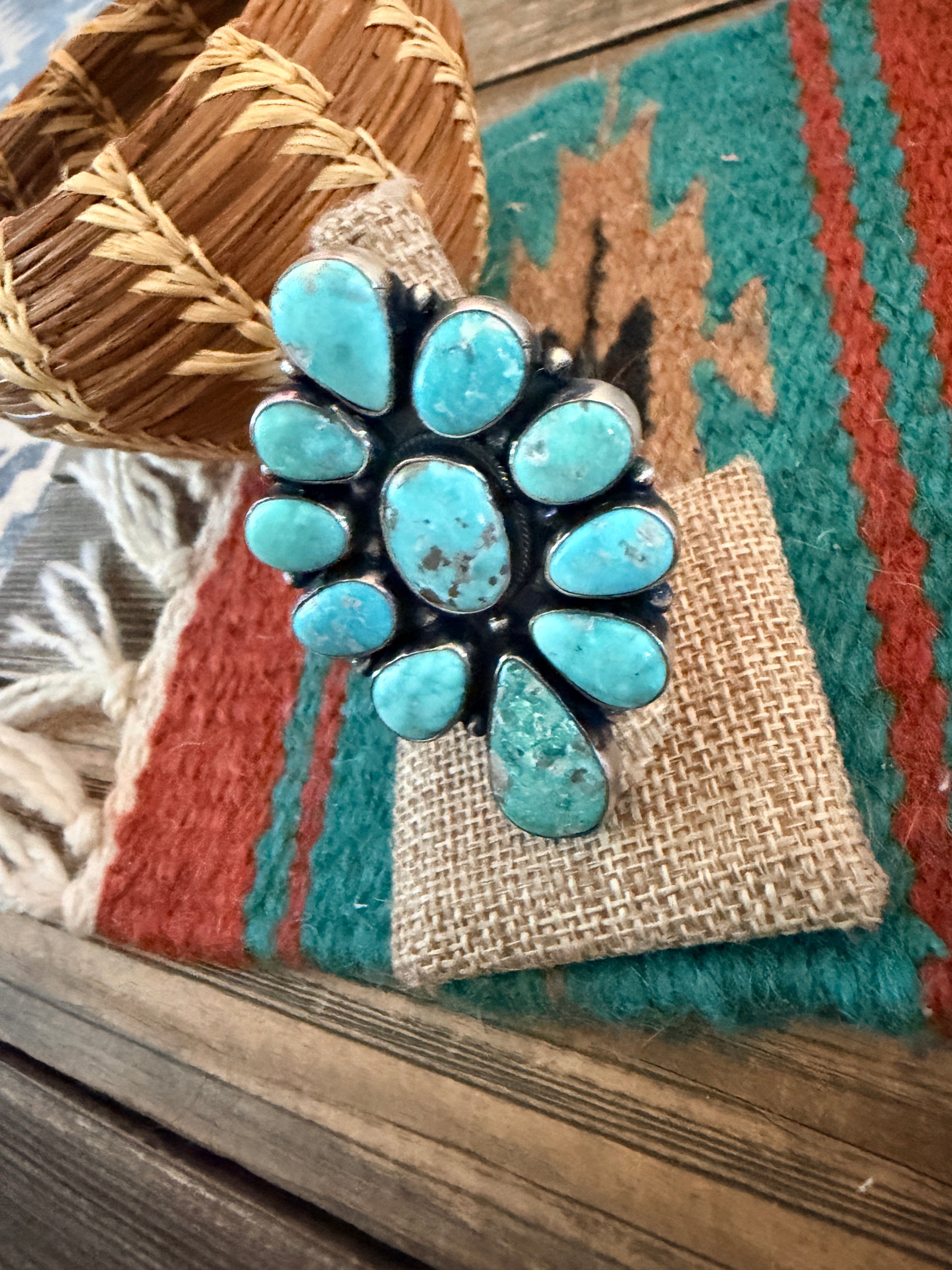 Handcrafted Kingman Turquoise & Sterling Silver Cluster Ring Size 8.25 by Sheila Becenti