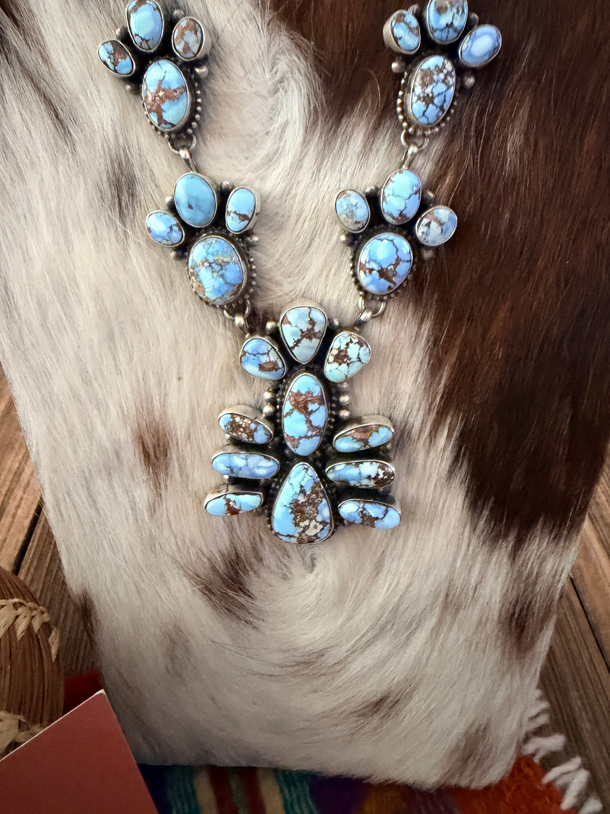 Handcrafted Golden Hills Turquoise & Sterling Silver Cluster Necklace and Earring Set by Travis Jim