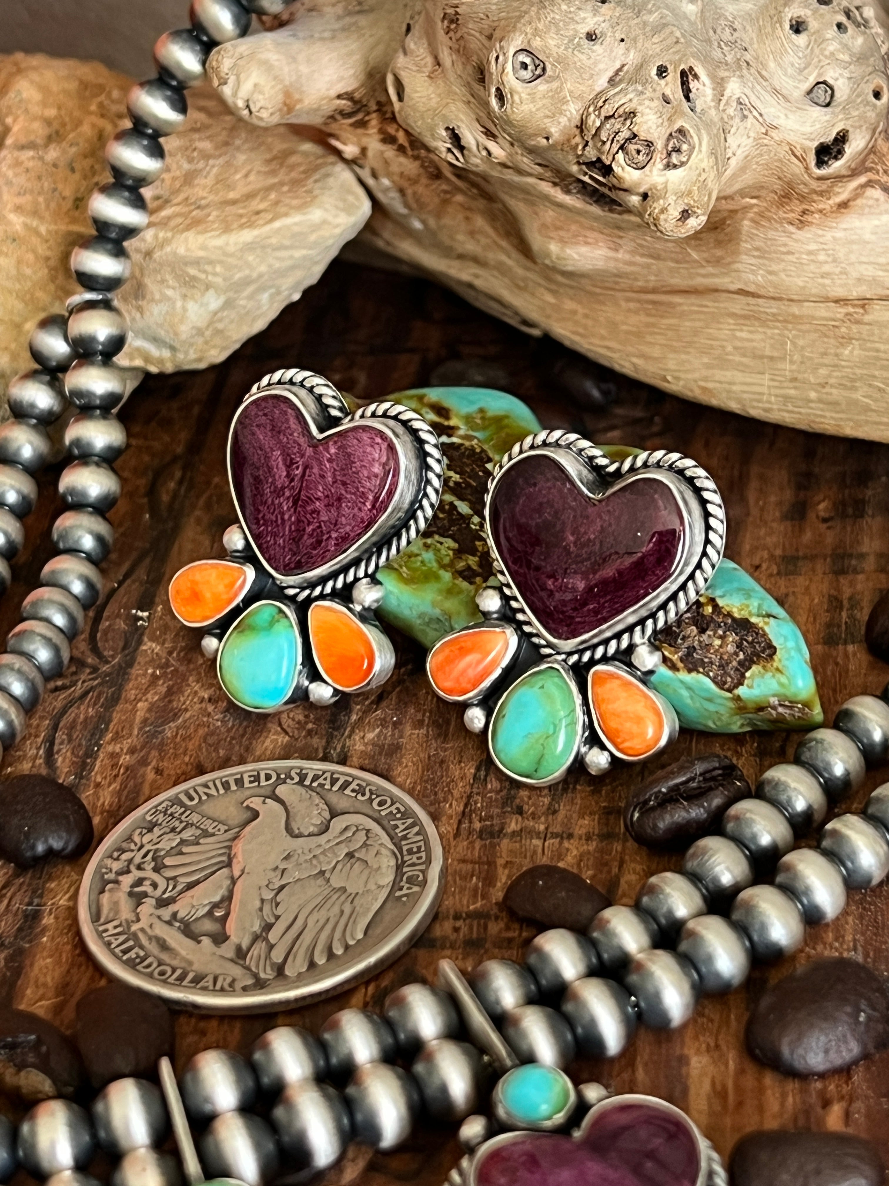 Handcrafted Sterling Silver Electric Rainbow Beaded Heart Cluster Necklace & Earrings Set by Angela Martin