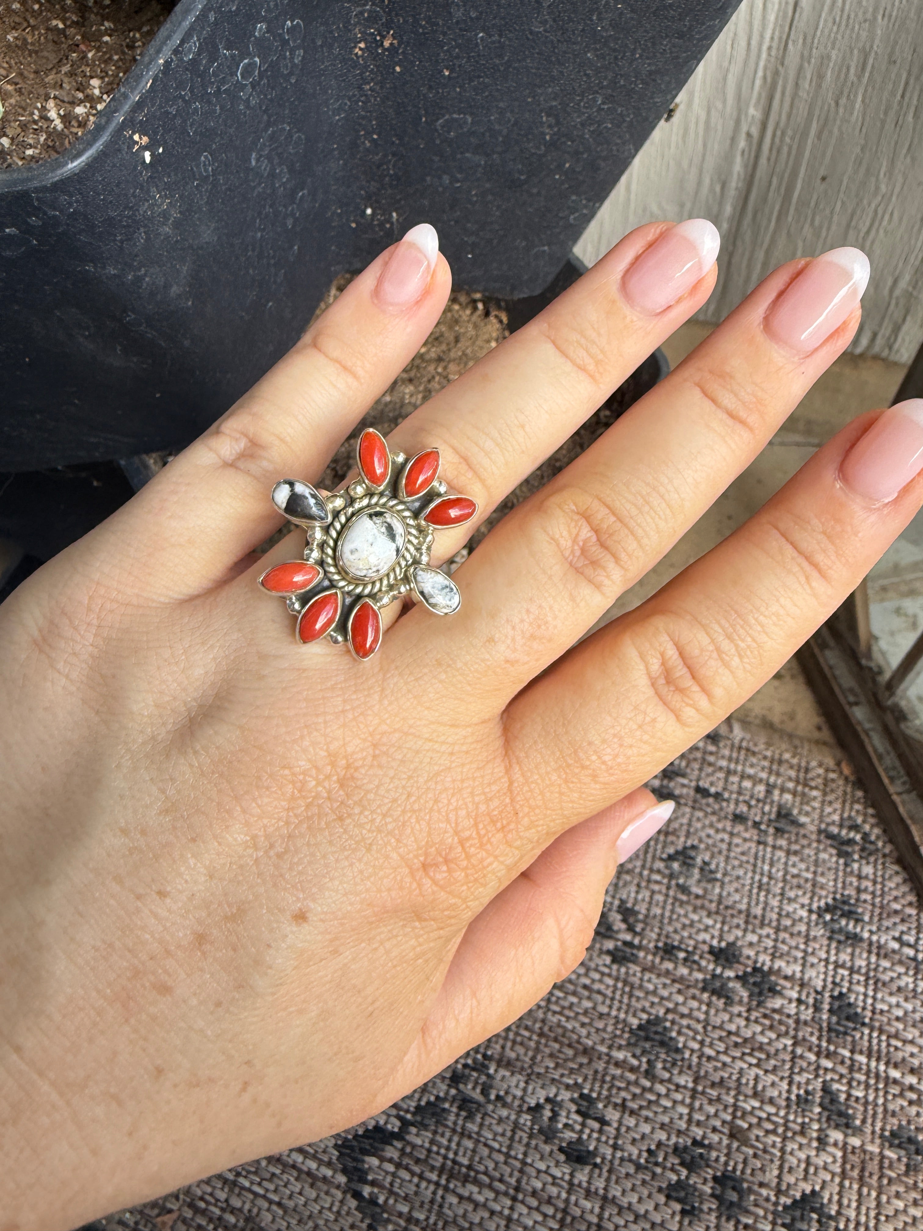 Handmade Coral, White Buffalo & Sterling Silver Adjustable Ring Signed Nizhoni