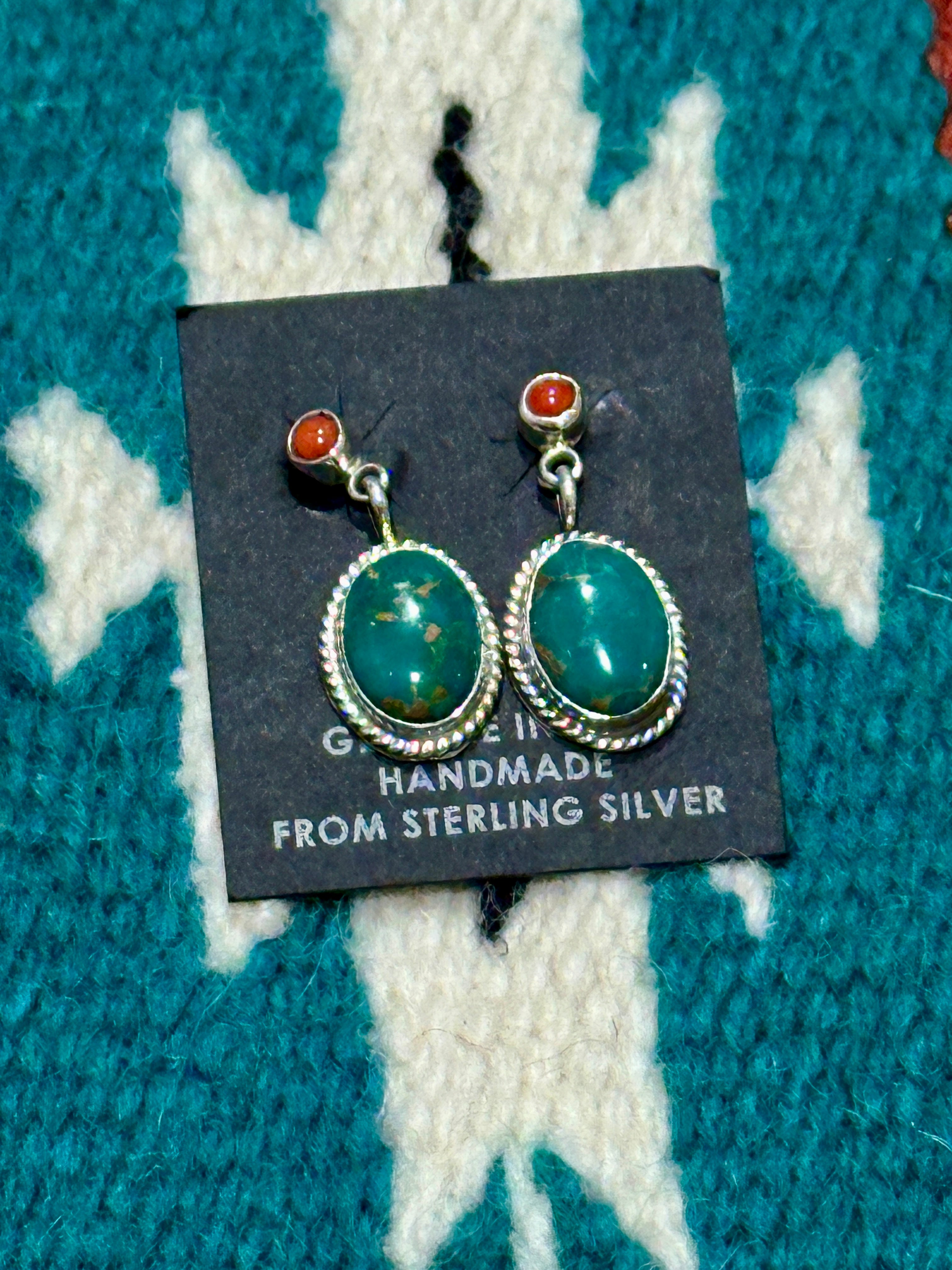 Handcrafted Turquoise, Coral & Sterling Silver Dangle Earrings