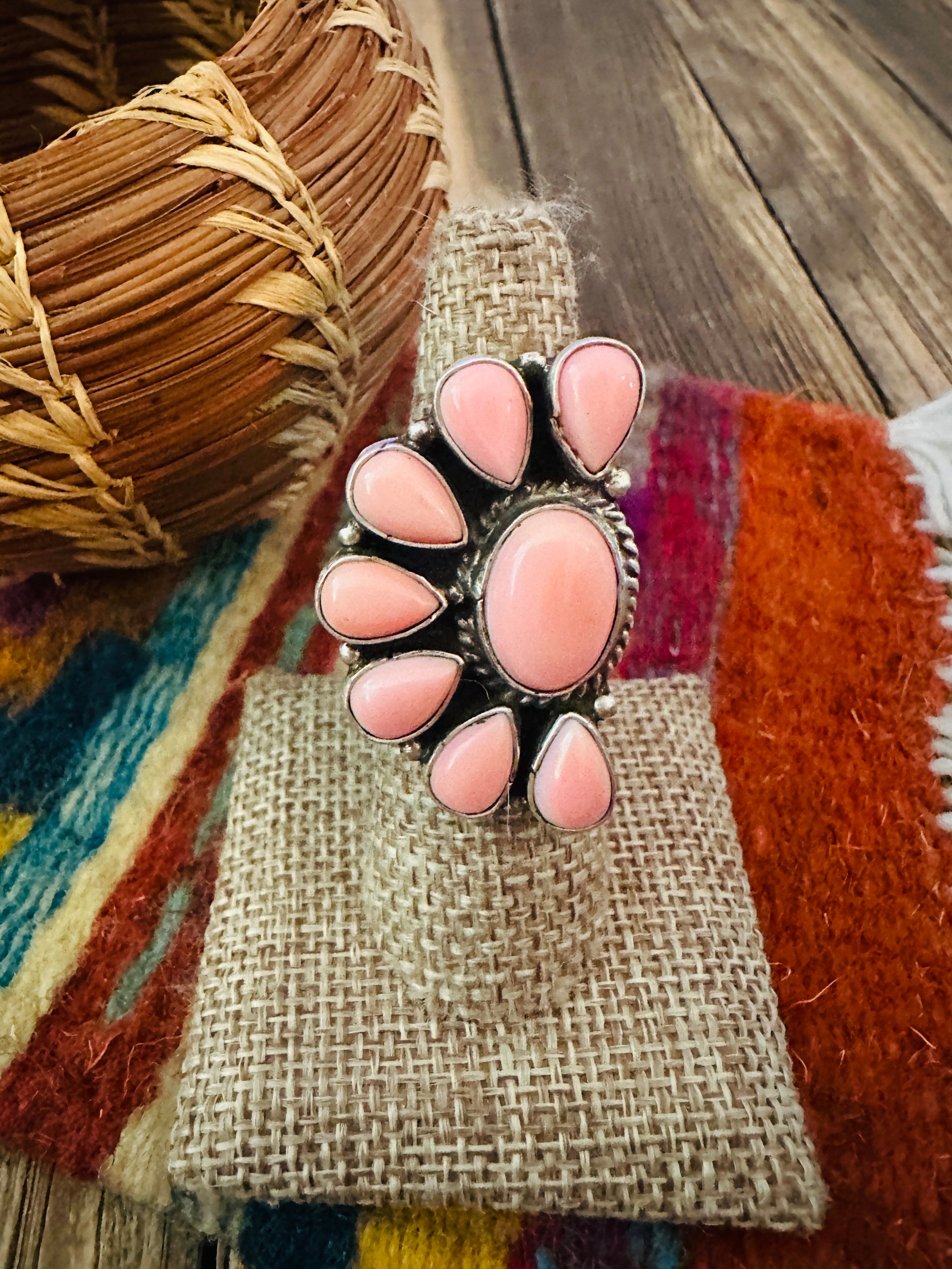 Handcrafted Queen Pink Conch & Sterling Silver Cluster Adjustable Ring