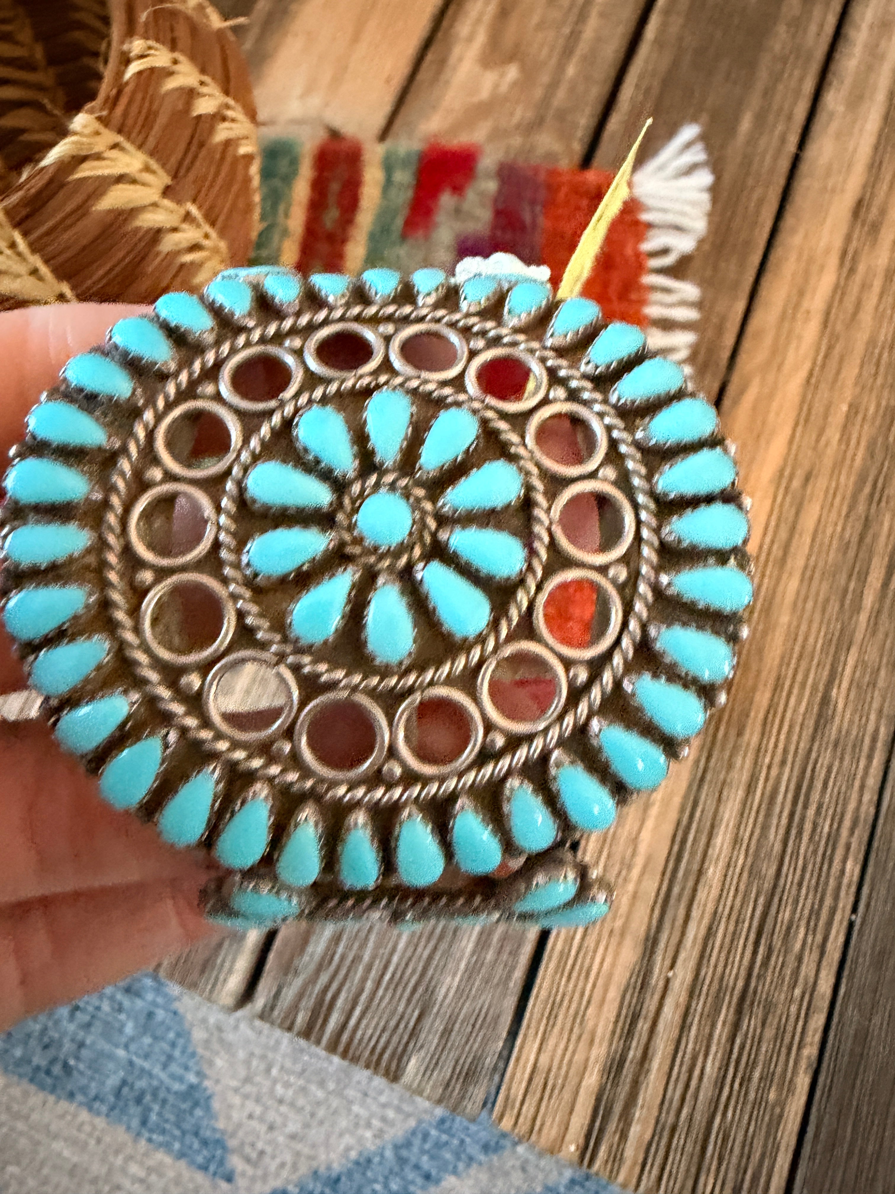 Handcrafted Old Pawn Sterling Silver & Turquoise Cluster Cuff Bracelet