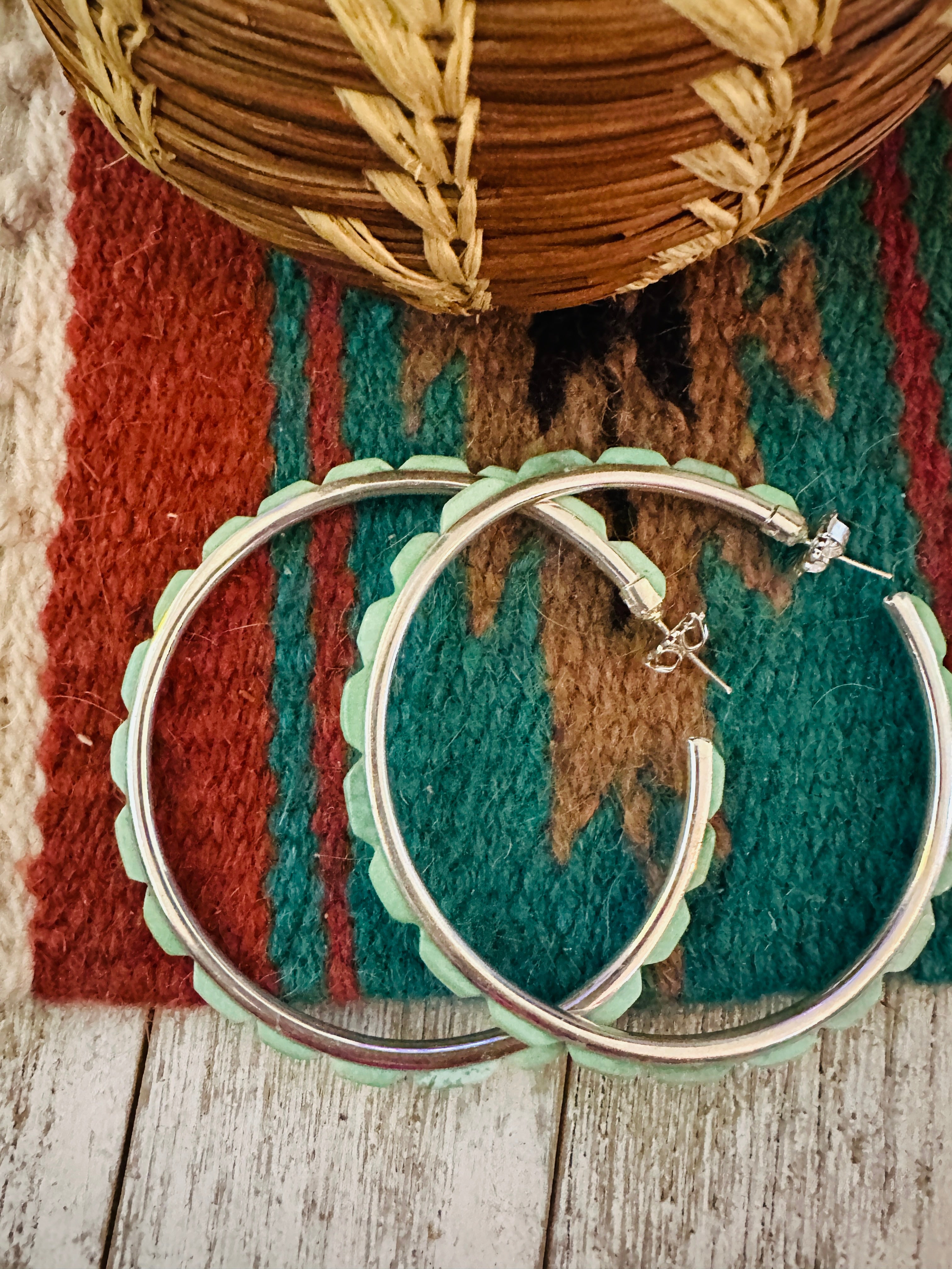 Handcrafted Green Turquoise & Sterling Silver Hoop Earrings by Federico Jimenez
