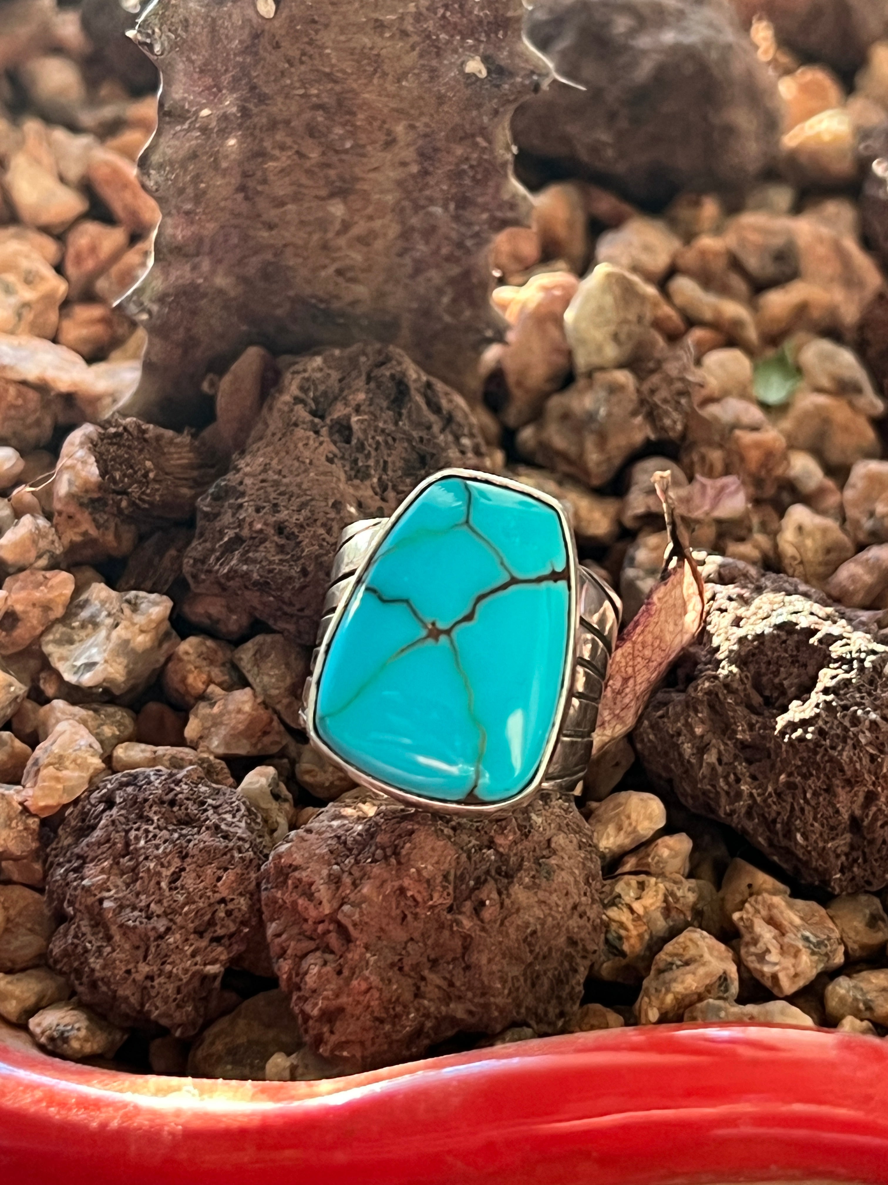 Handcrafted Hand Stamped Sterling Silver and Egyptian Turquoise Wide Shank Ring by Shaun Rogers, Size 8.25