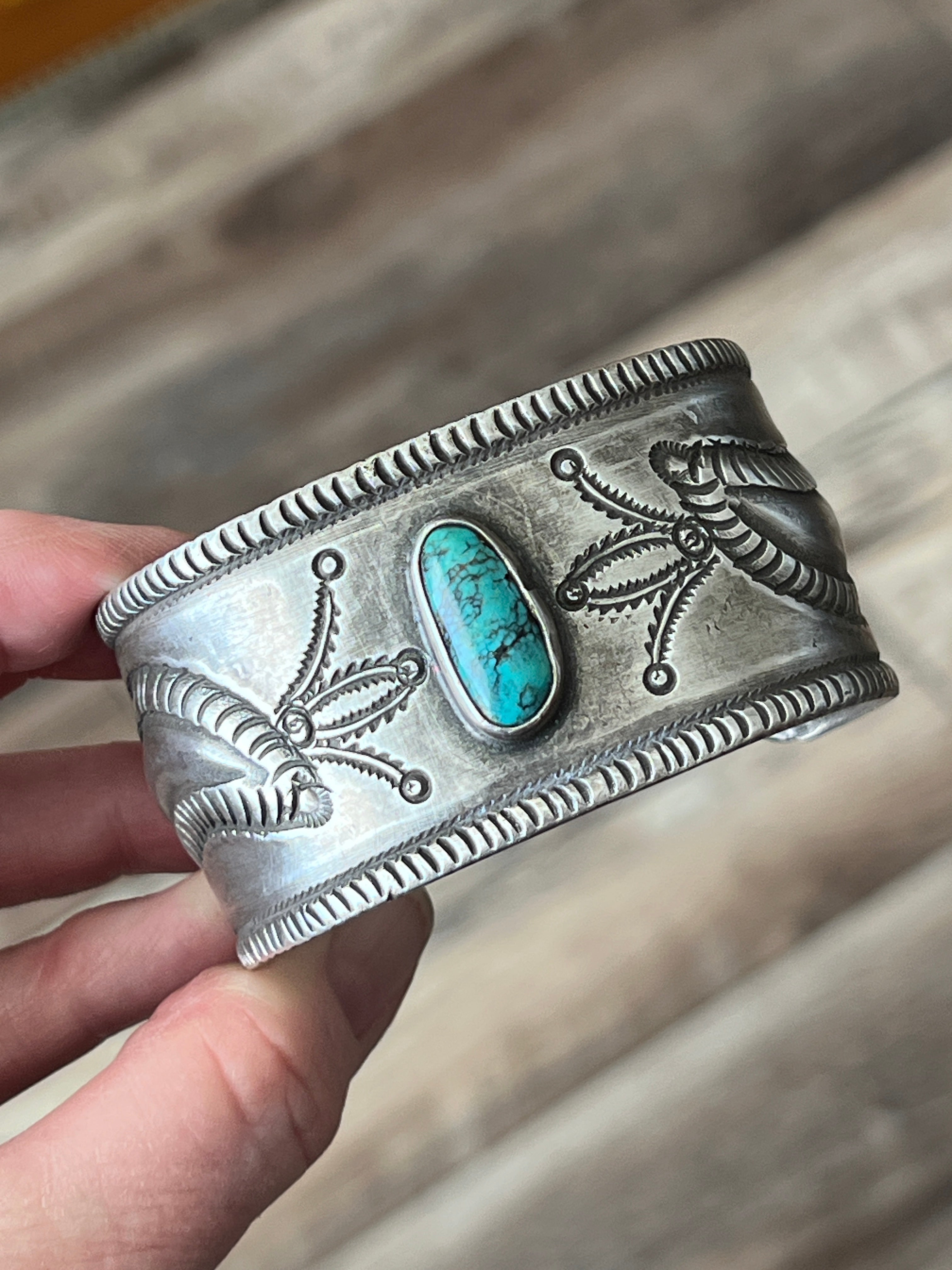 Hand Forged Old Pawn Sterling Silver & Turquoise Ingot Cuff Bracelet by Santa Fe Artist, Buffalo, The Harvest