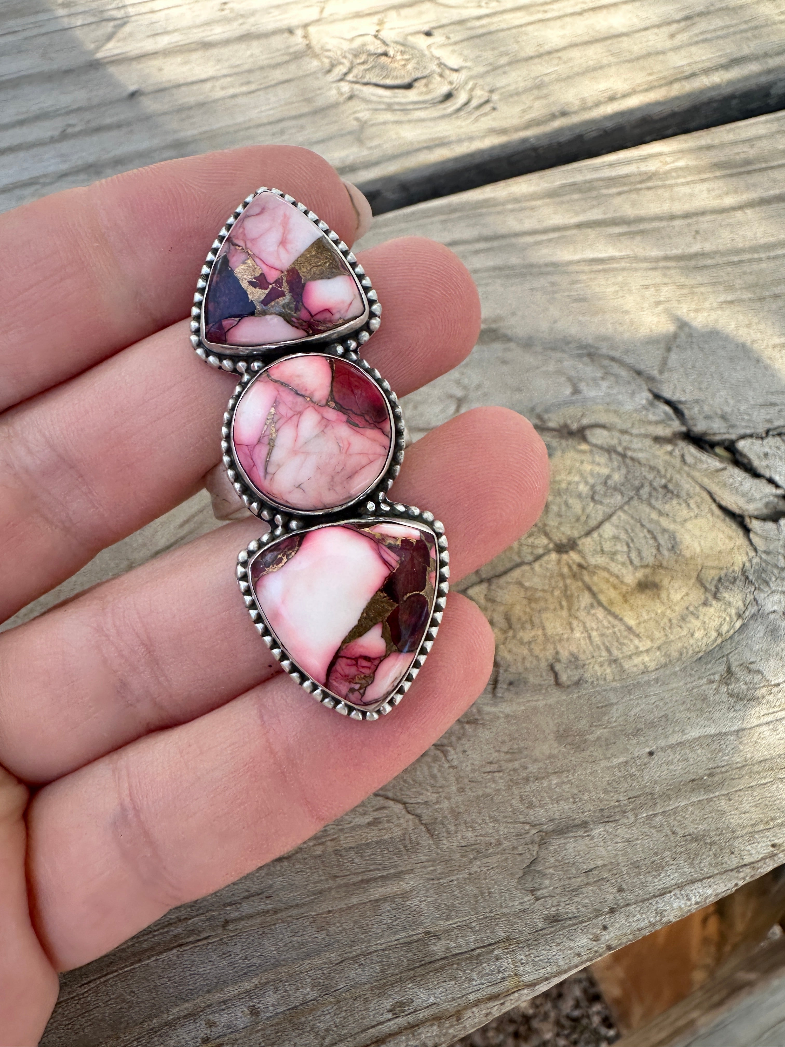 Beautiful Handmade Dahlia Rose And Sterling Silver Adjustable 3 Stone Ring