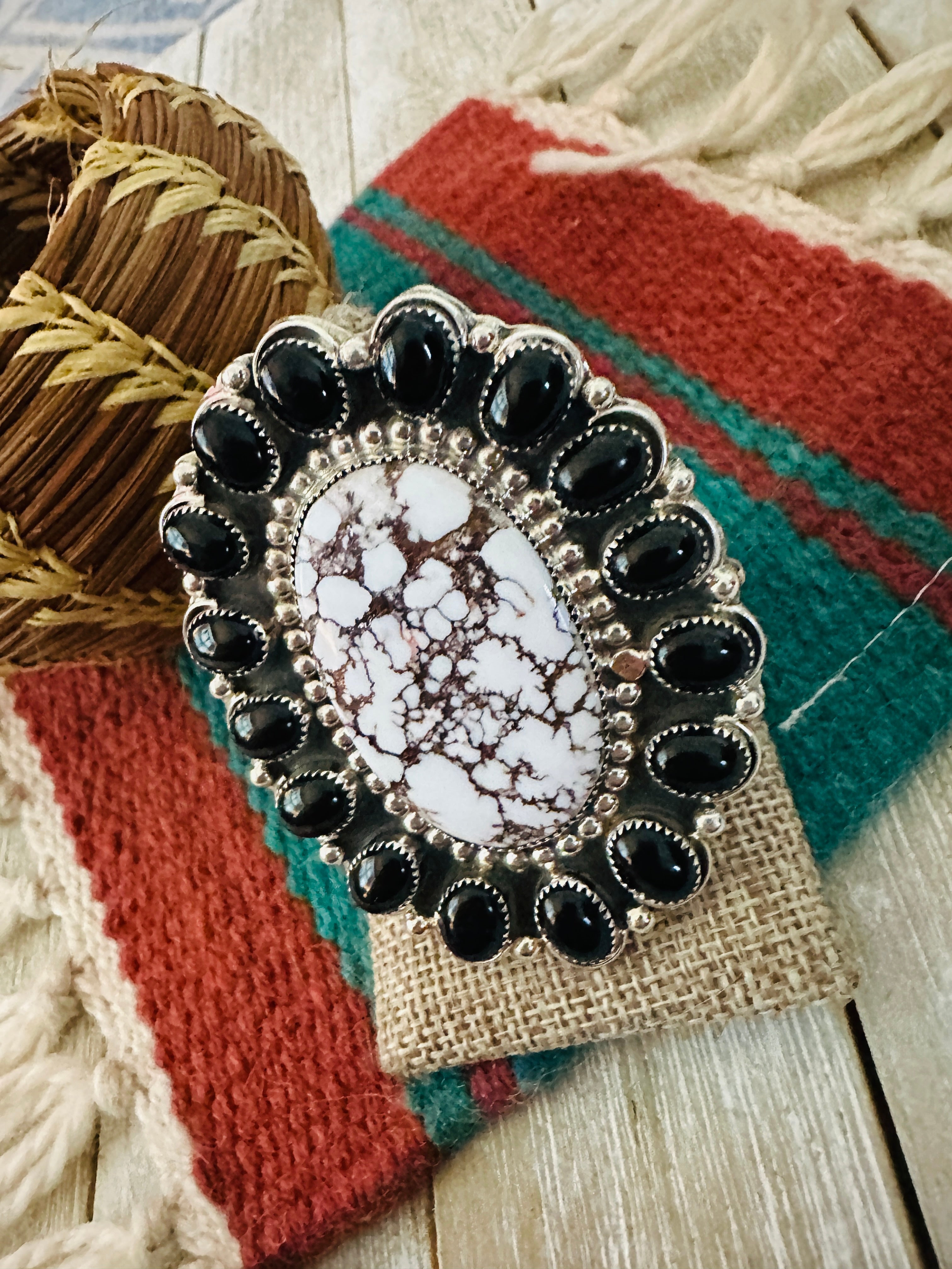 Handcrafted Black Onyx, Wild Horse & Sterling Silver Cluster Ring size 10.25