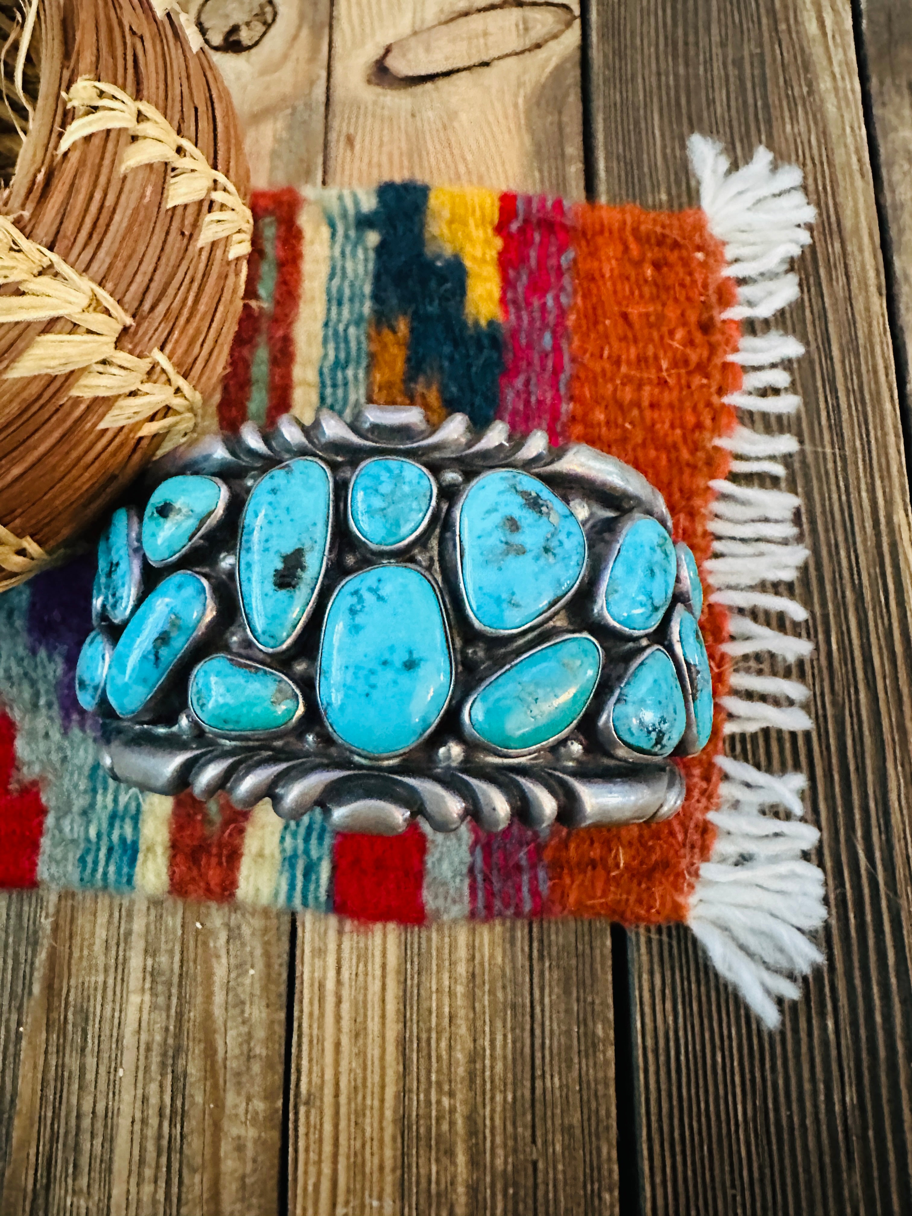 Handcrafted Old Pawn Sterling Silver & Turquoise Cluster Cuff Bracelet