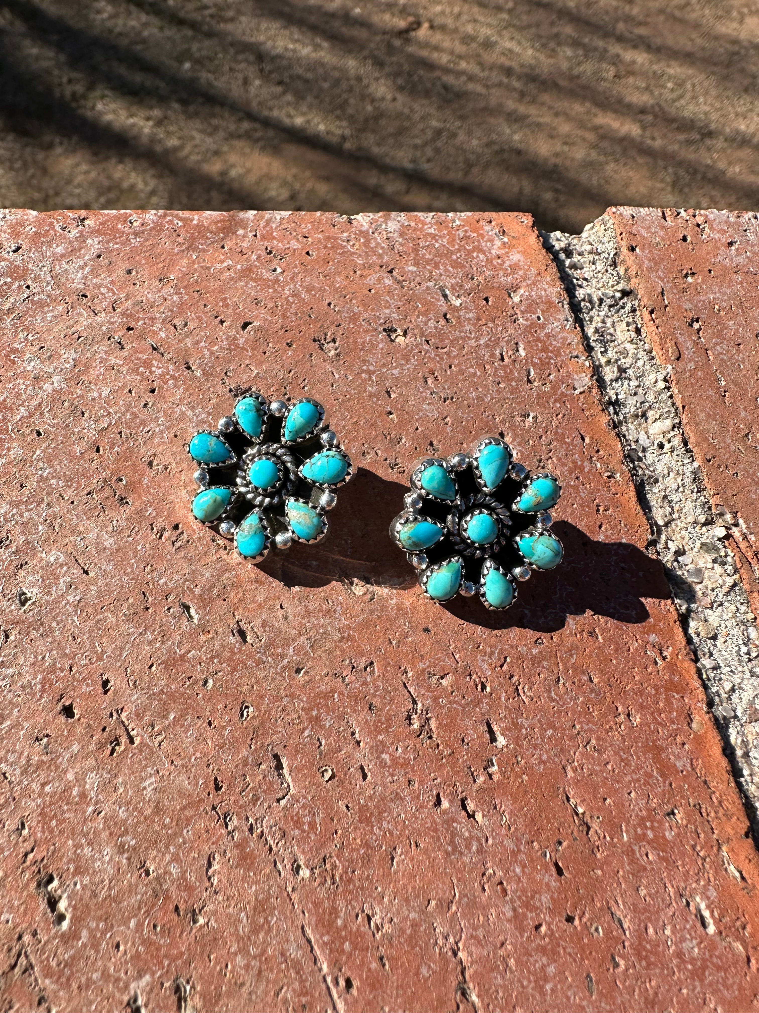 Handmade Flower Cluster Sterling Silver & Turquoise Post Earrings Signed Nizhoni 8 STONE LESLIES FAVE