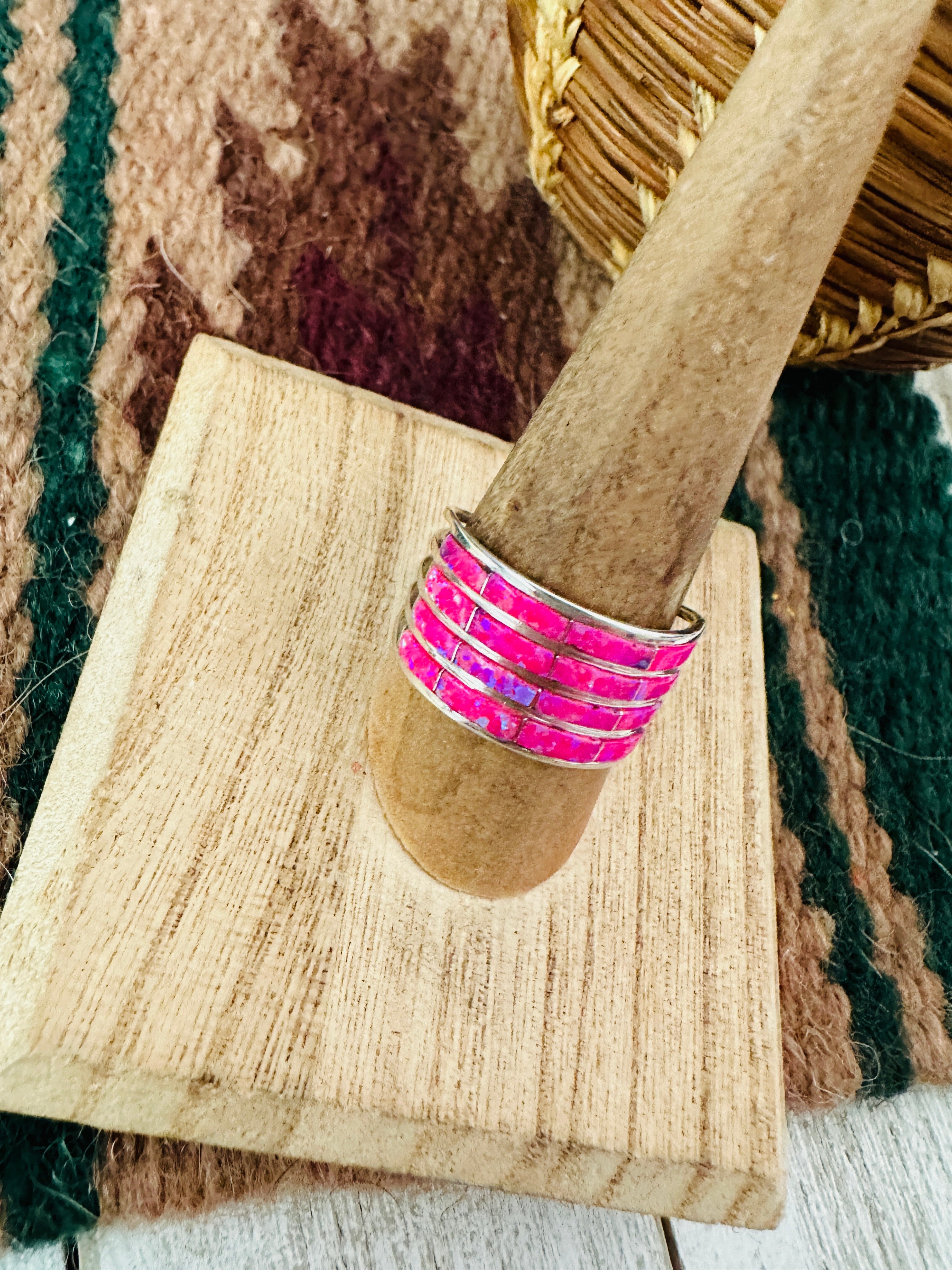 Handcrafted Sterling Silver & Pink Opal Inlay 4 Band Ring