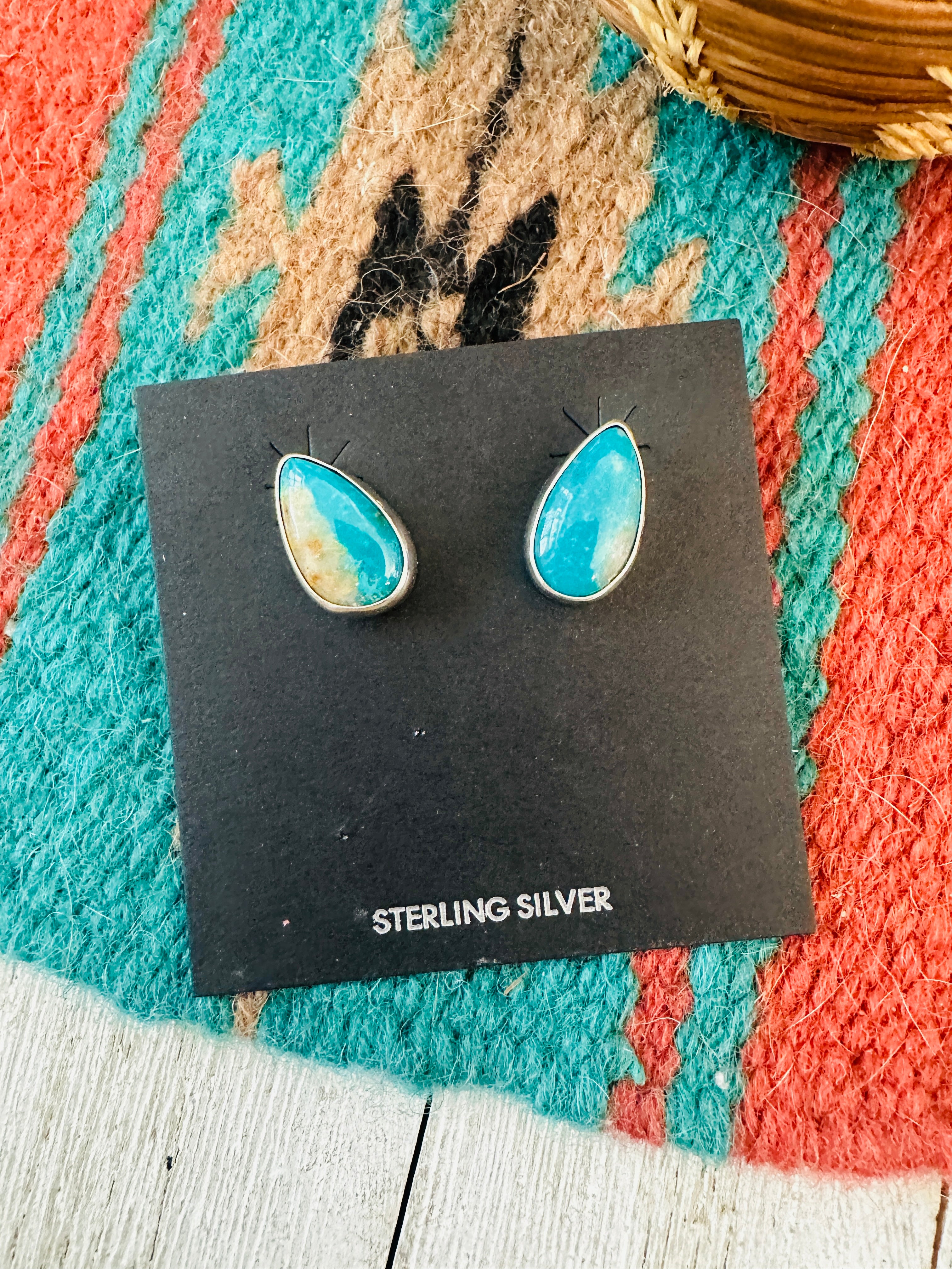Handcrafted Turquoise & Sterling Silver Teardrop Stud Post Earrings