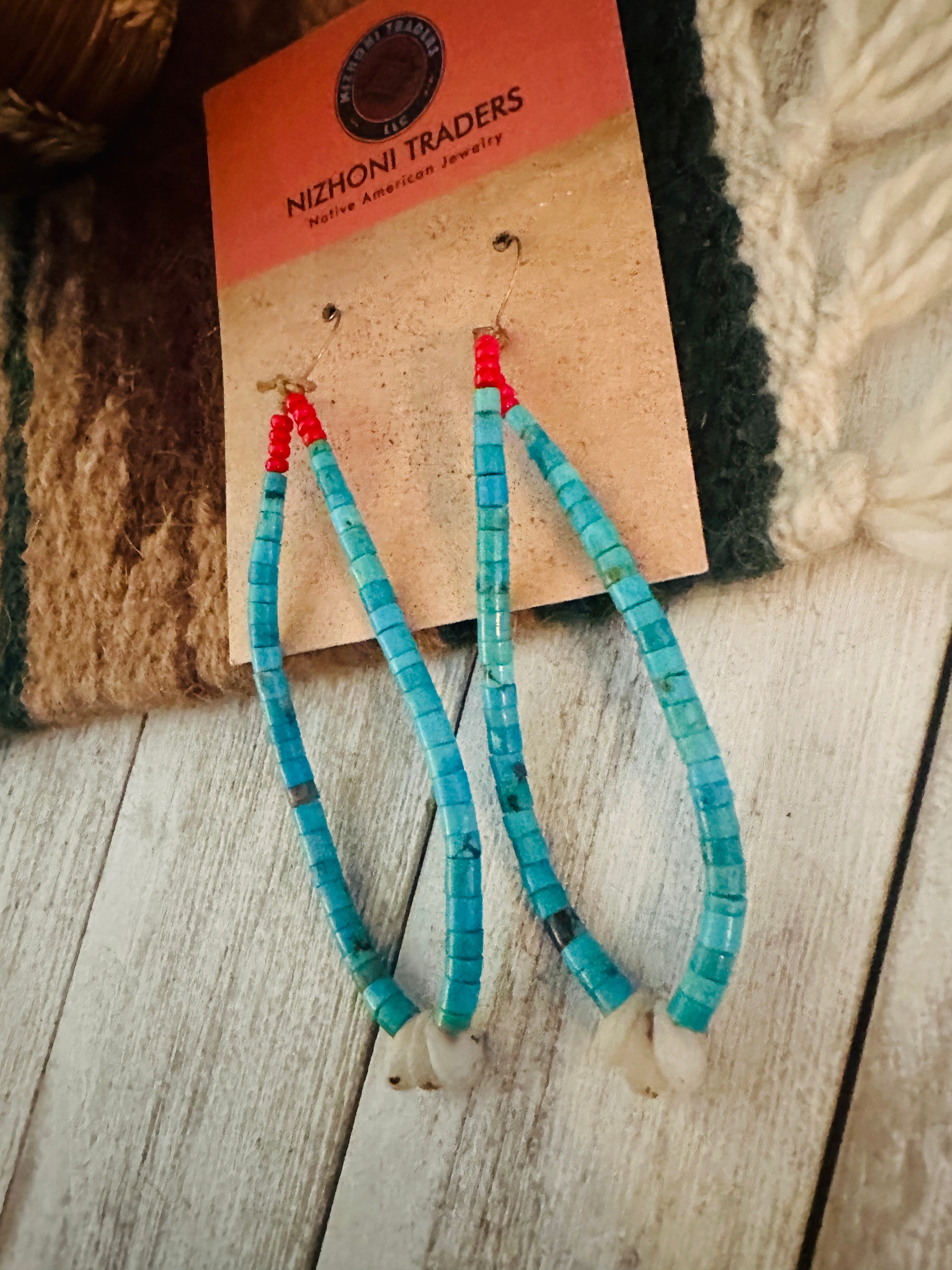 Vintage Old Pawn Handcrafted Turquoise & Coral Beaded Dangle Earrings